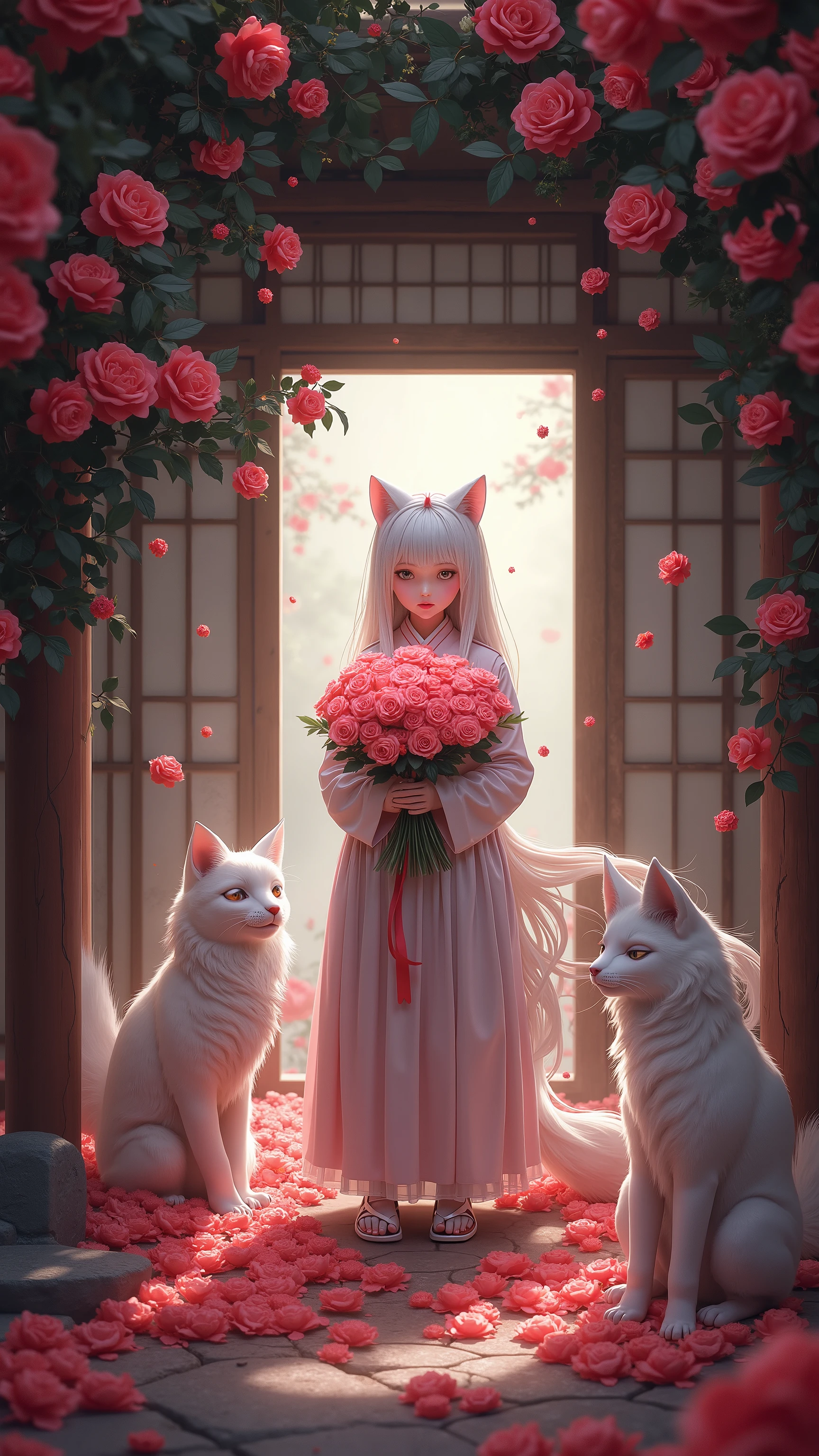 high-definition images、in an old Japanese temple、a room covered with black roses and red roses、(The cat girl at the temple)smiling with pink roses in her hands and being with wild foxes