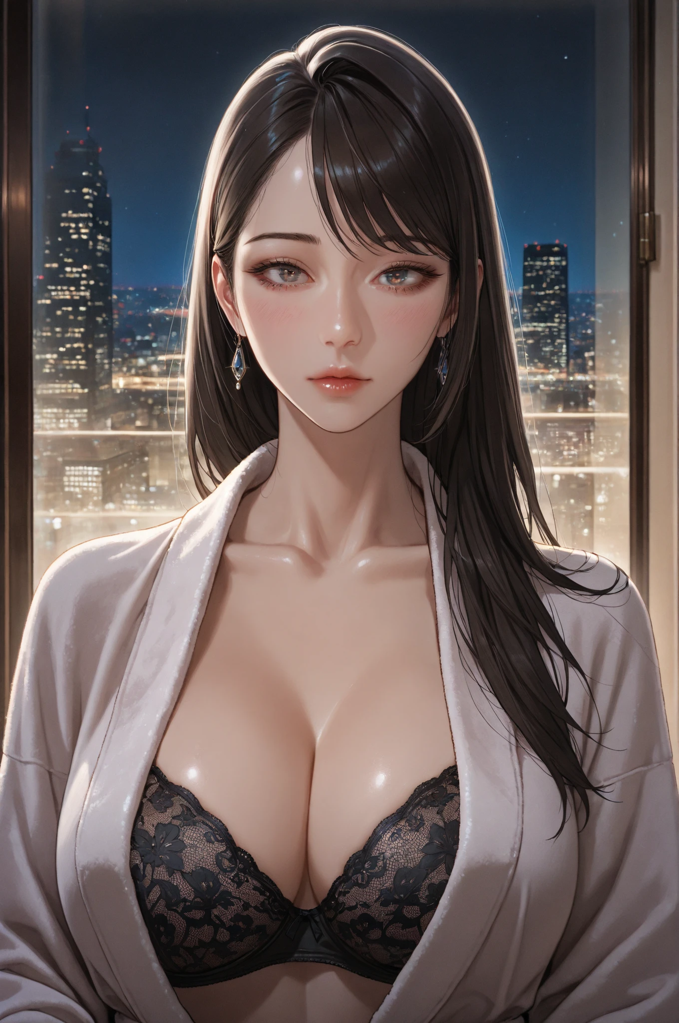 1girl, the boss of the company, long black wavy hair and gray eyes, tall, thin, , contempt and arrogant and elegant, behind her from the 21st century there is a window showing various buildings in the city, (black translucent suit jacket open front, pink bra)), lower body slender,