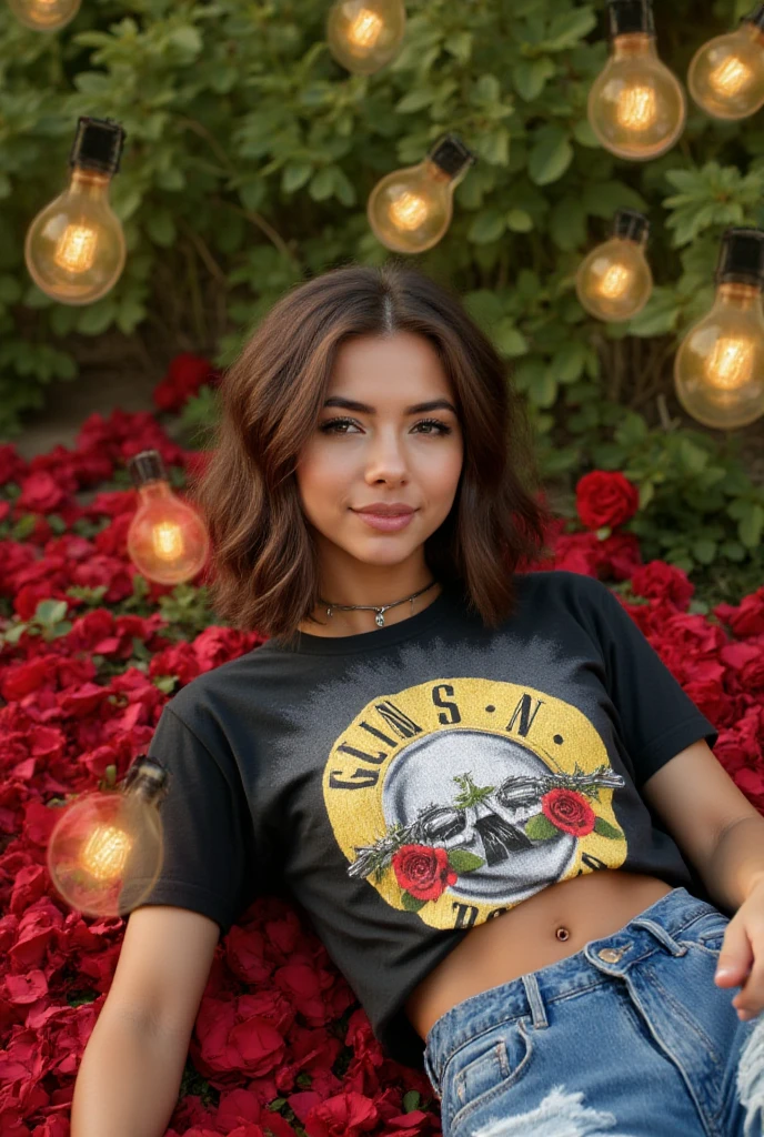 Brunette instagram influencer, wearing a black Guns N Roses T-shirt and blue and white satin and lace  brief bottoms, laying in a king size bed, laying down, ready for bed, cute smile night time, flash lighting