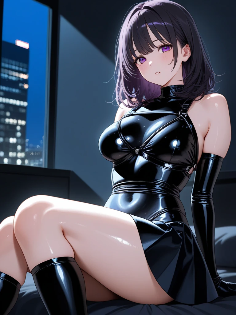  female version of Sung Jin Woo, transparent clothes, female version of Solo Leveling, transparent black clothes, high quality, ultra-detailed, photorealistic, dark fantasy style, vibrant colors, dramatic lighting, full body, , exhibitionism, naughty on her knees, teasing , displaying, black hair, purple aura