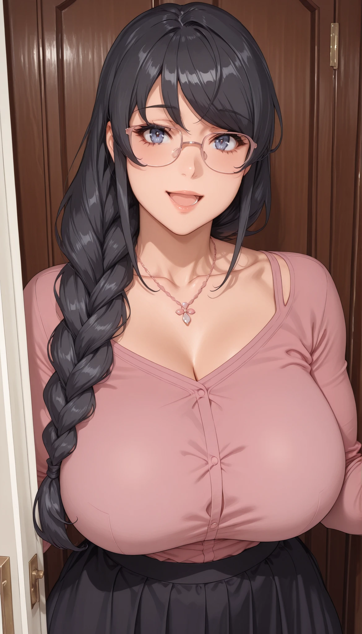  maisakurajimatest1, woman, solo, mature, long hair, braid, single braid, looking at viewer, :d, jewelry, collarbone, indoors, necklace, portrait, pink shirt, long skirt, standing at door, masterpiece, glasses, , thick muscular thighs, wide curvy , voluptuous body, Curvy body, thicc woman,  front view, upper body 