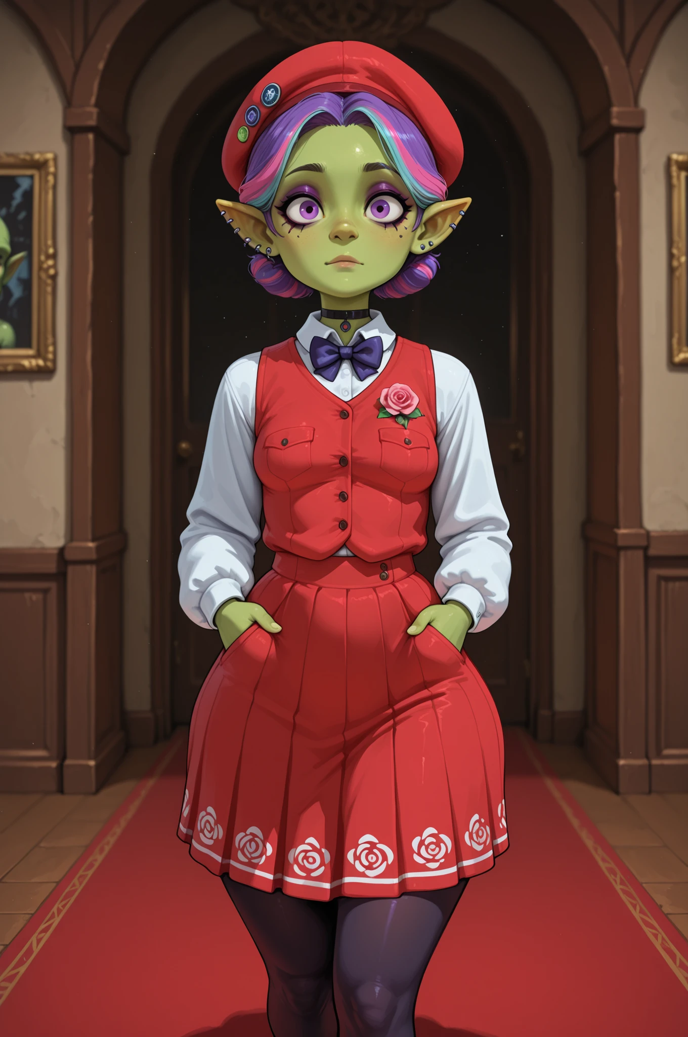 female punk, random colors hair, black eye , facial piercings, eye makeup, small breasts, meduim hips, (goblin femboy:1.0) (shortstack:1.0) (green skin:1.0) (pointy ears:1.0) (wide hips:1.0) boy. crossdressing, femboy. huge hips, very short hair. Bouffant. femboy. choker.|    Smooth Quality,masterpiece,very intricate, high quality details, ultra realistic, high detailed skin,detailed enviorement, absurdres, 1girl, red_cnr, single ,  shirt,  vest, school uniform,  skirt, pleated skirt,black pantyhose, beret, hat, bow, bowtie, front view, walking pose, one hand in pocket, head slightly turned, casual stride, rose dress, pink roses, looking at viewer, inside vintage castle 