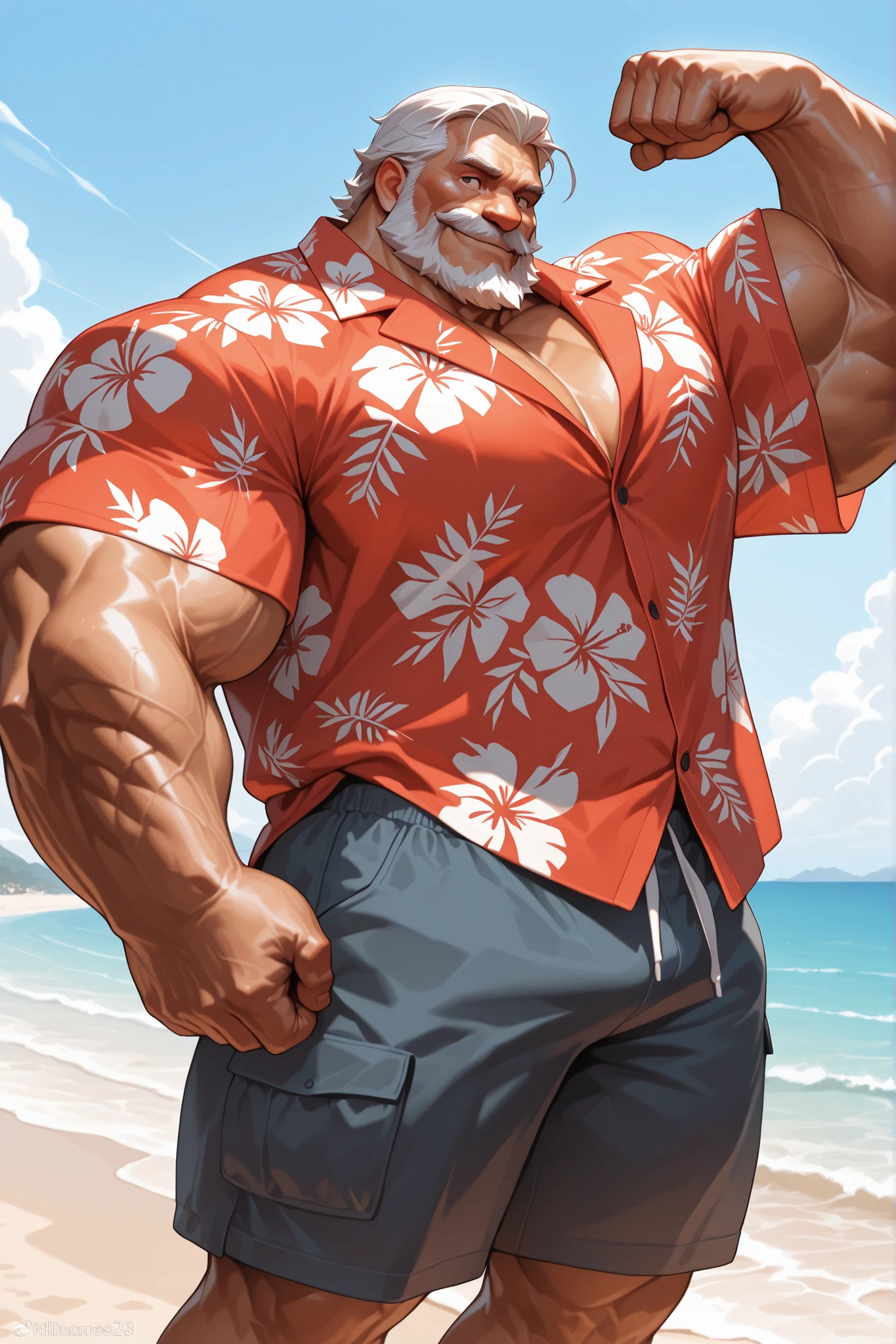 solo, massive muscular old man, in beach, hawaiian shirt, smile, flexing, half body, halfbody, grunt, very huge pectoral, shorts, detailed face:1.3, eyes, wide shoulder, thick arms, wide pectoral, muscle, short hair:1.2, masterpiece, semirealistic:1.2, high detailed, 8k, high resolution