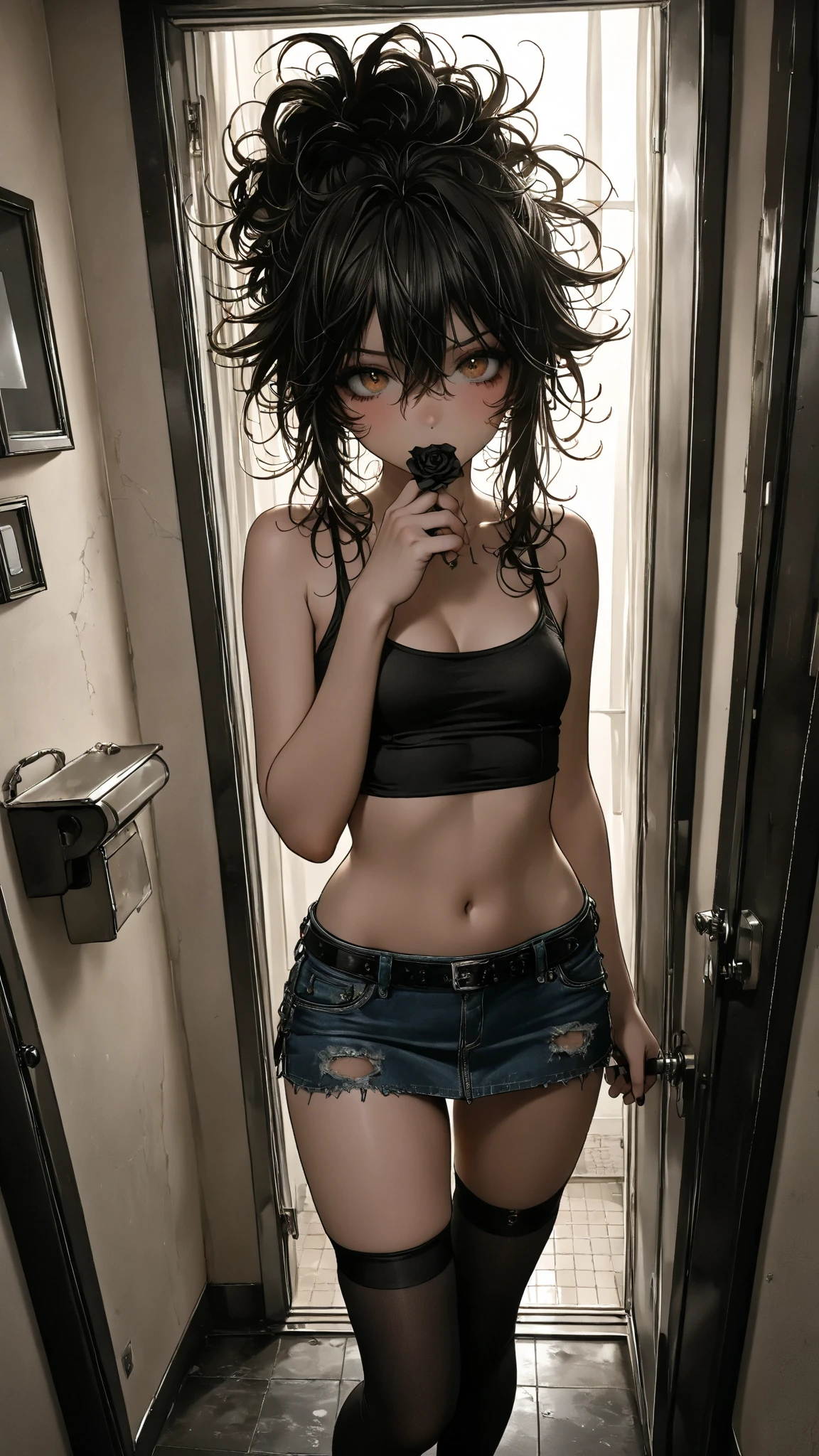 (masterpiece, best quality:1.2), noodle (gorillaz), black hair, 1girl, streaked hair, black eyes, multicolored hair, bangs, parted lips, , small , bob cut, masterpiece, ,(solo:1.1), perfect face, (bright lighting:1.2),beautiful detailed eyes, extremely detailed face, perfect lighting,grab,Woman travels on the train and a man grabs her , man's hand on girl's 