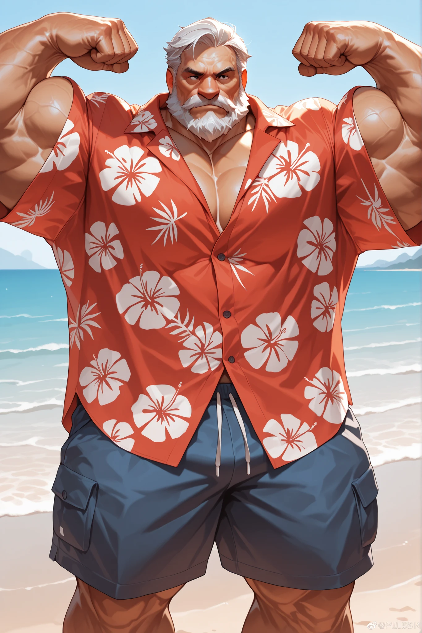 solo, massive muscular old man, in beach, hawaiian shirt, flexing, half body, halfbody, grunt, very huge pectoral, shorts, detailed face:1.3, eyes, wide shoulder, thick arms, wide pectoral, muscle, short hair:1.2, masterpiece, semirealistic:1.2, high detailed, 8k, high resolution