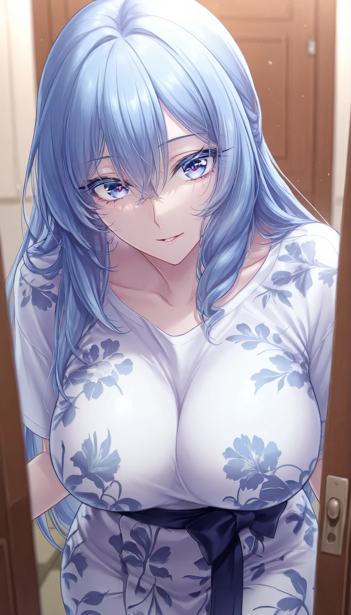 {{masterpiece}}、{{Highest Quality}}、{{Super Detailed}}、Pretty Eyes、perfect human body、(１ Adult Woman、solo)、long eyelash、(Watery eyes )、beautiful faces、{{very delicate and beautiful}}、{{wearing baggy t-shirt clear}}、high resolution、cinematic、Comes Into a Room、open the door、lean forward、Kimono