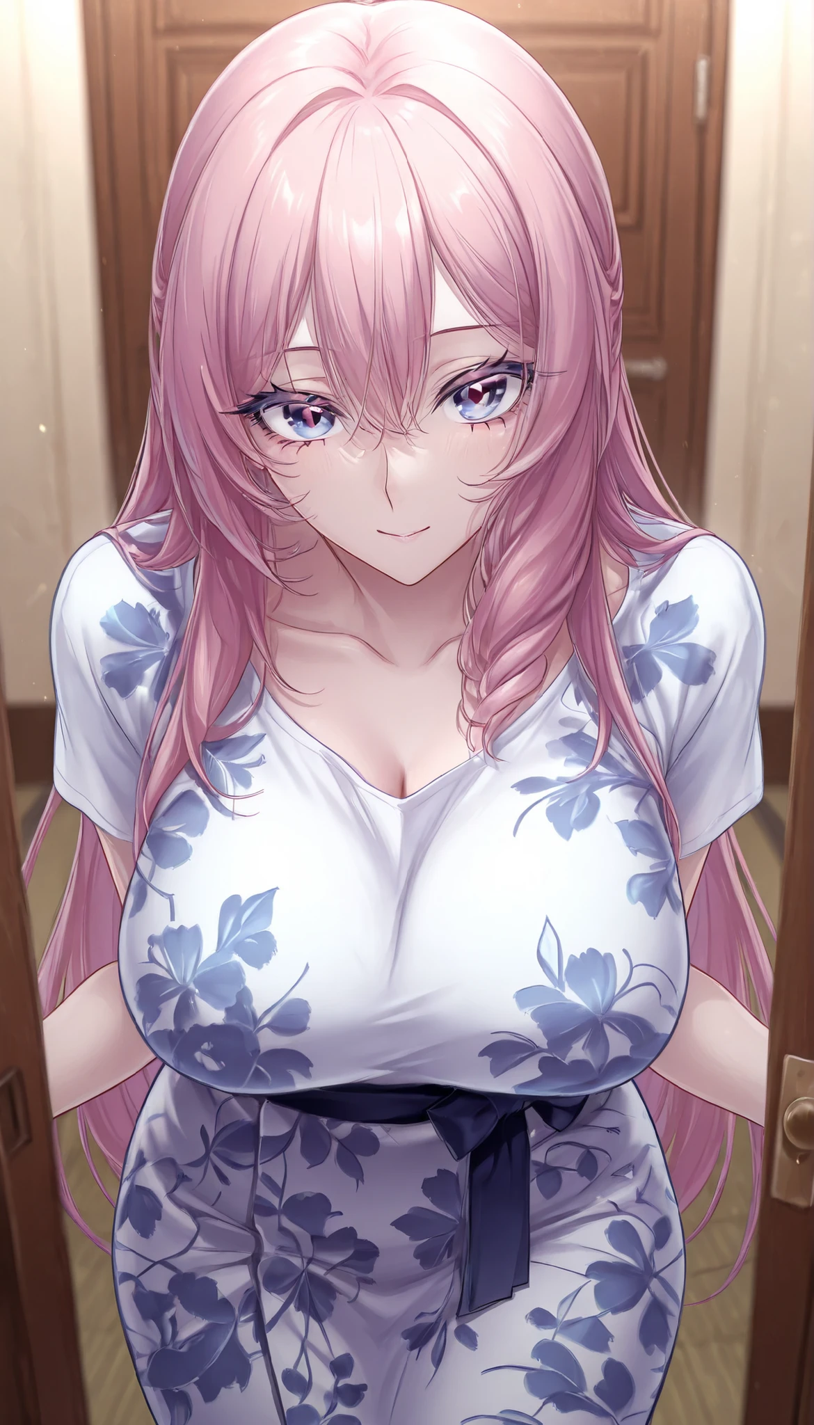 {{masterpiece}}、{{Highest Quality}}、{{Super Detailed}}、Pretty Eyes、perfect human body、(１ Adult Woman、solo)、long eyelash、(Watery eyes )、beautiful faces、{{very delicate and beautiful}}、{{wearing baggy t-shirt clear}}、high resolution、cinematic、Comes Into a Room、open the door、lean forward、Kimono