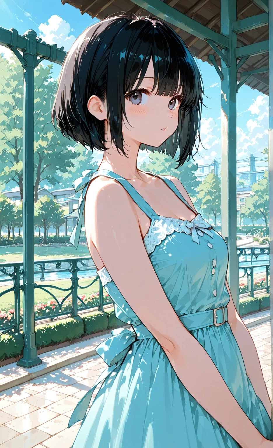 Best quality, masterpiece, Teenager, Hotaru Tomoe, Purple Eyes, short hair, Black Hair, Bob Hair, Bob Haircut, Smile,  Neck,  Arms,  Shoulders, Strapless, a black short tube dress, cleavage, , Standing Up, holding skirt, sunny day, canals, Park Background, 1 girl, solo