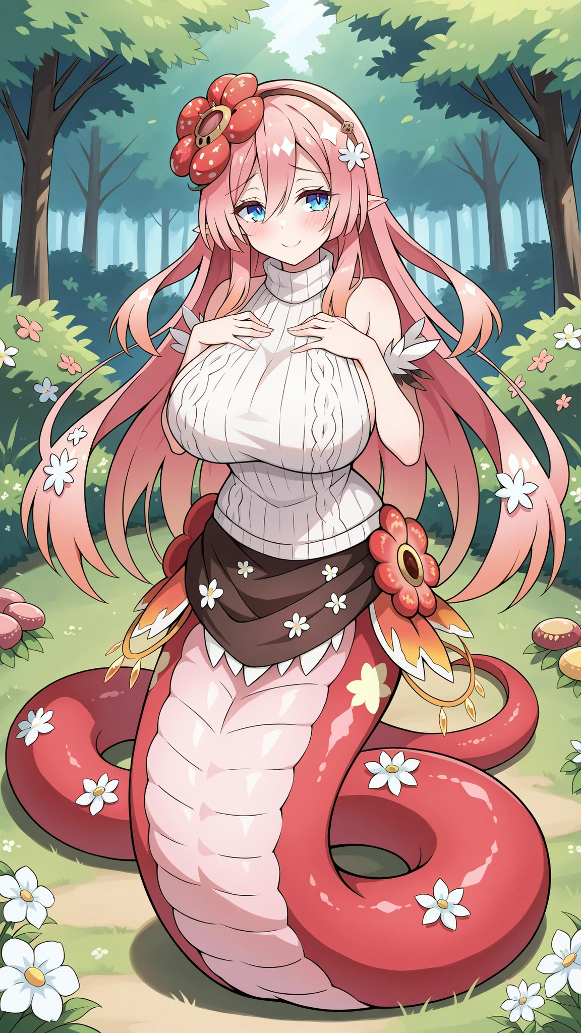 (Fraction_9:0.9),Fraction_8_Up,Fraction_7_Up,grade,(zPDXL3),( masterpiece), ( Best quality ),(All five fingers ),(five fingers),a girl,alone,traptrix_rafflesia,pink hair,hair_flower,long hair,blue eyes,Head fin,white sleeveless sweater,big boobs,big boobs,lamia,The lower part of the body is a light pink snake tail,very beautiful,Smile,shy,Full body picture,has no legs,garden,forest,shy,Smile,Place your hands on your chest