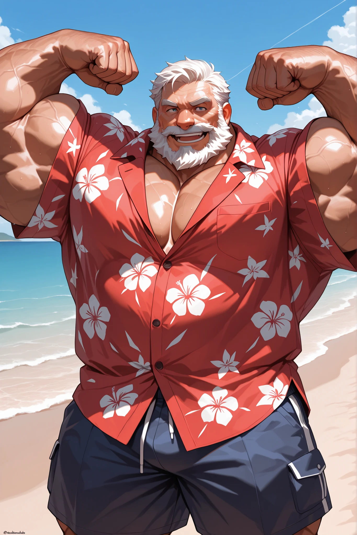 solo, massive muscular old man, in beach, hawaiian shirt, smile, flexing, half body, halfbody, grunt, very huge pectoral, shorts, detailed face:1.3, eyes, wide shoulder, thick arms, wide pectoral, muscle, osobarbudo, short hair:1.2, masterpiece, semirealistic:1.2, high detailed, 8k, high resolution