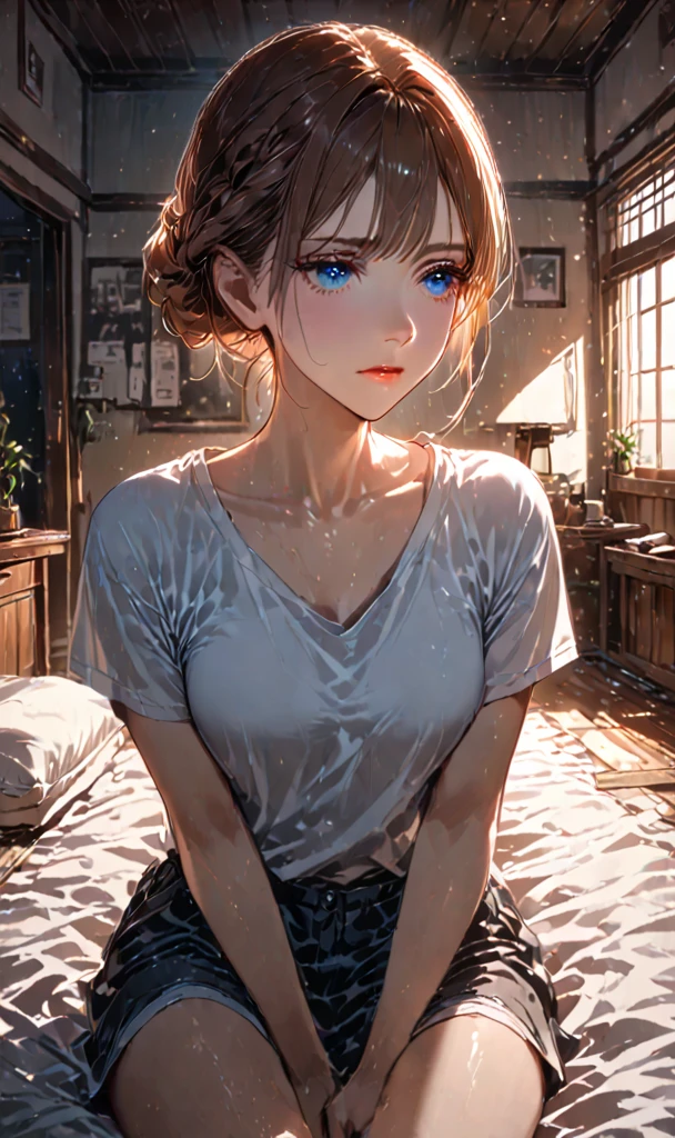 (Wet wetting of milk: 1.2) Portrait of redhead freckle teacher sitting on porch: white shirt with V-neck: 2], visible through white top T-shirt, slate atmosphere, cinematic, dim colors, dark shots, muted colors, film grainy, lut, insane details, complex details, ultra detail, close-up, dusk, ((??????))