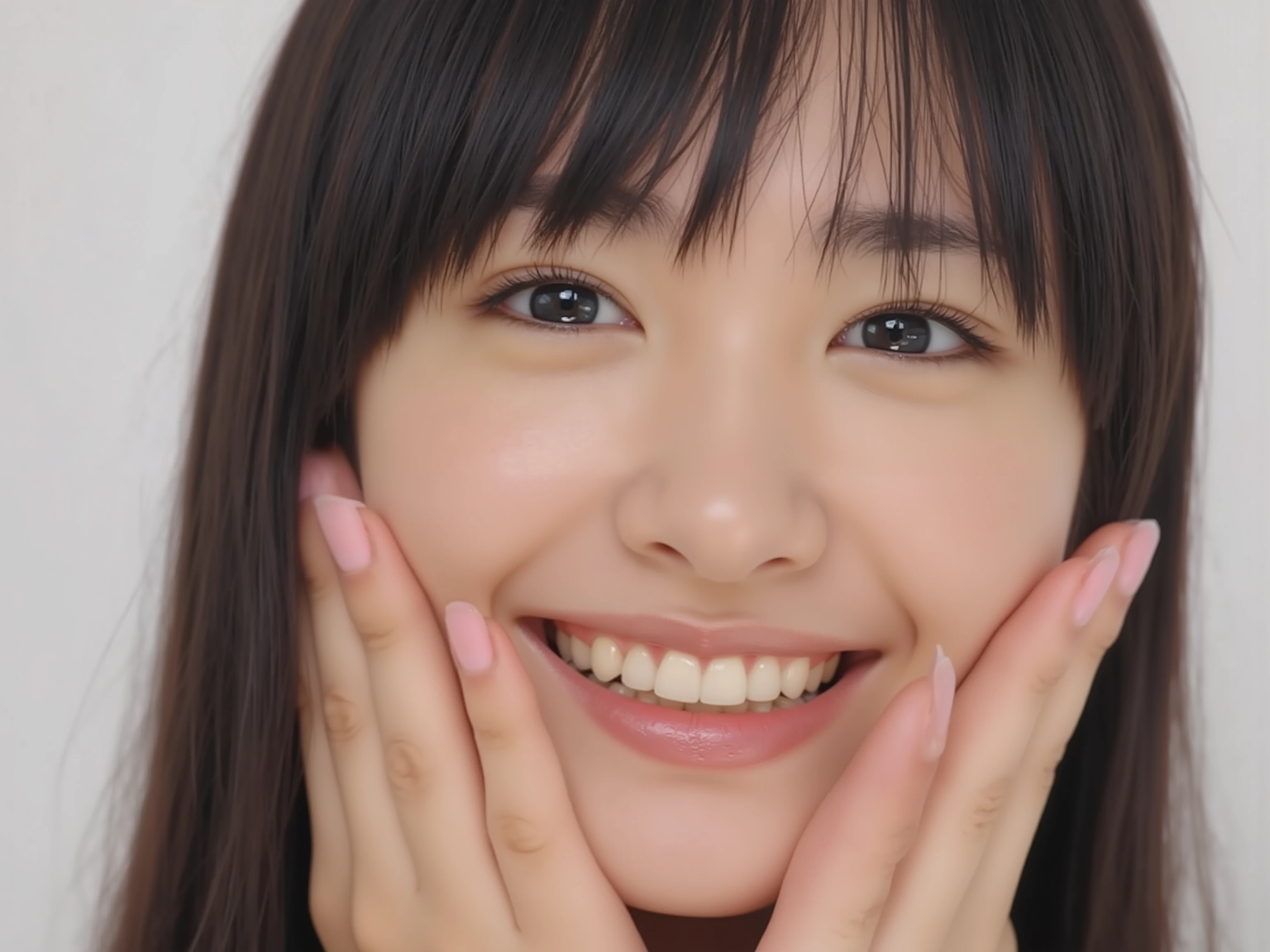 (Refined from an old photo, recreated in a modern, ultra high-quality photorealistic style, 
with a trendy Reiwa-era hairstyle: smooth semi-long hair with soft natural waves, 
neatly styled with airy see-through bangs and a glossy, well-groomed finish),

Ultra photorealistic close-up portrait of a beautiful Japanese woman, 
upper-body composition, wearing a black outfit completely out of frame (not visible), 
shoulders and collarbone softly exposed, 

both hands gently pressing her cheeks in a shy, lovestruck pose, 
sparkling eyes filled with warmth and joy, gazing dreamily at the viewer with overflowing affection, 
cheeks blushing deeply with a radiant, sweet glow, 
soft glossy lips opened slightly in a bright, joyful lovestruck smile, 
expression melting with happiness — playful, bashful, dreamy, and irresistibly affectionate, 
smile overflowing with warmth and genuine emotion, radiating pure love and joy, 

realistic skin with detailed pores, natural uneven tones, and tiny imperfections for realism, 
soft peach fuzz visible, smooth and refined texture, 
clear and smooth skin without any blemishes or moles, 
beautiful even skin tone with a healthy, luminous glow, 

hair rendered with fine individual strands, silky and neatly arranged, 
natural matte shine with subtle highlights, 

soft diffused cinematic lighting with natural depth, 
pure white blurred background for an intimate, clean atmosphere, 

(masterpiece, best quality, ultra photorealistic, high resolution, 
intimate romantic close-up, cinematic magazine cover style)
