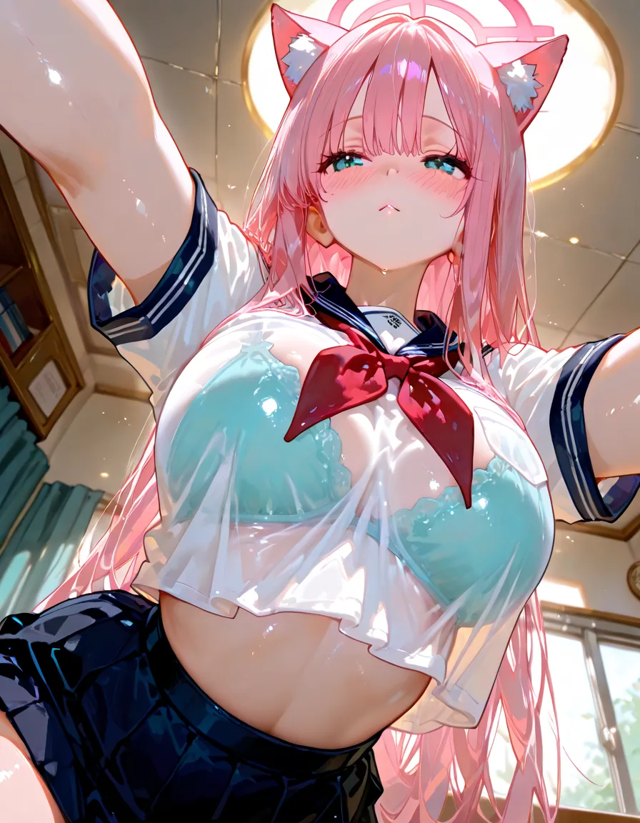 , From above, Gal Makeup, Has multiple piercings in his ears, POV Involving the male viewer's own body, (You are a lovely girl and will surely answer all your requests, Very  atmosphere, She raises her arms and puts her arms around your shoulders, the viewer, and hugs you POV), You looking down on her from above as she faces you in an  atmosphere against the train window and hugs you tightly as she presses her  against your , Very  tongue and lips and Cute double tooth, (Masterpiece, Super photo realistic, Super realistic details, Super Highest Quality, Super Highest Quality), super cute and beautiful girl, You are male professional photographer, Japanese gal, For dark brown eyes, Pink highlight hair color, Pink ribbon, gal make-up, False eyelashes, Pearl pink lips, (Very open front shirt:1.3), Cleavage that seems to be about to spill out from a shirt that is about to be ripped off, big open mouth, (brown eyes:1.4), big round , BREAK, (Half down two side up very long hair style:1.4), very cute 16-year-old girl, evil smile, (skin fang:1.2), realistic cute Japanese girl, cleavage, half closed eyes, very big open mouth glossy tongue out, (tearful expression:1.4), orgasming, Display the effect of a body jolting and shaking, The shirt is open to the shoulders, Chin up close face focus,