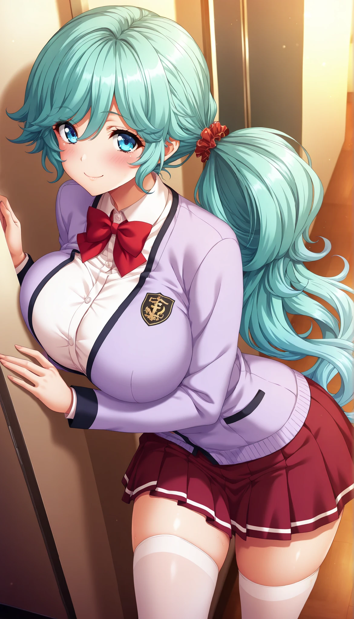 masterpiece, best quality, good quality, 1 girl, Tamai Tsugumi, cyan hair, side tail, wavy, blue eyes, hair tie, large medium breast, beautiful breast, perfect ratio, slim, game cg style, blush, horny, slutty, smile, school uniform, white blouse, purple cardigan, red bow tie, maroon pleated skirt, thigh-high white stockings