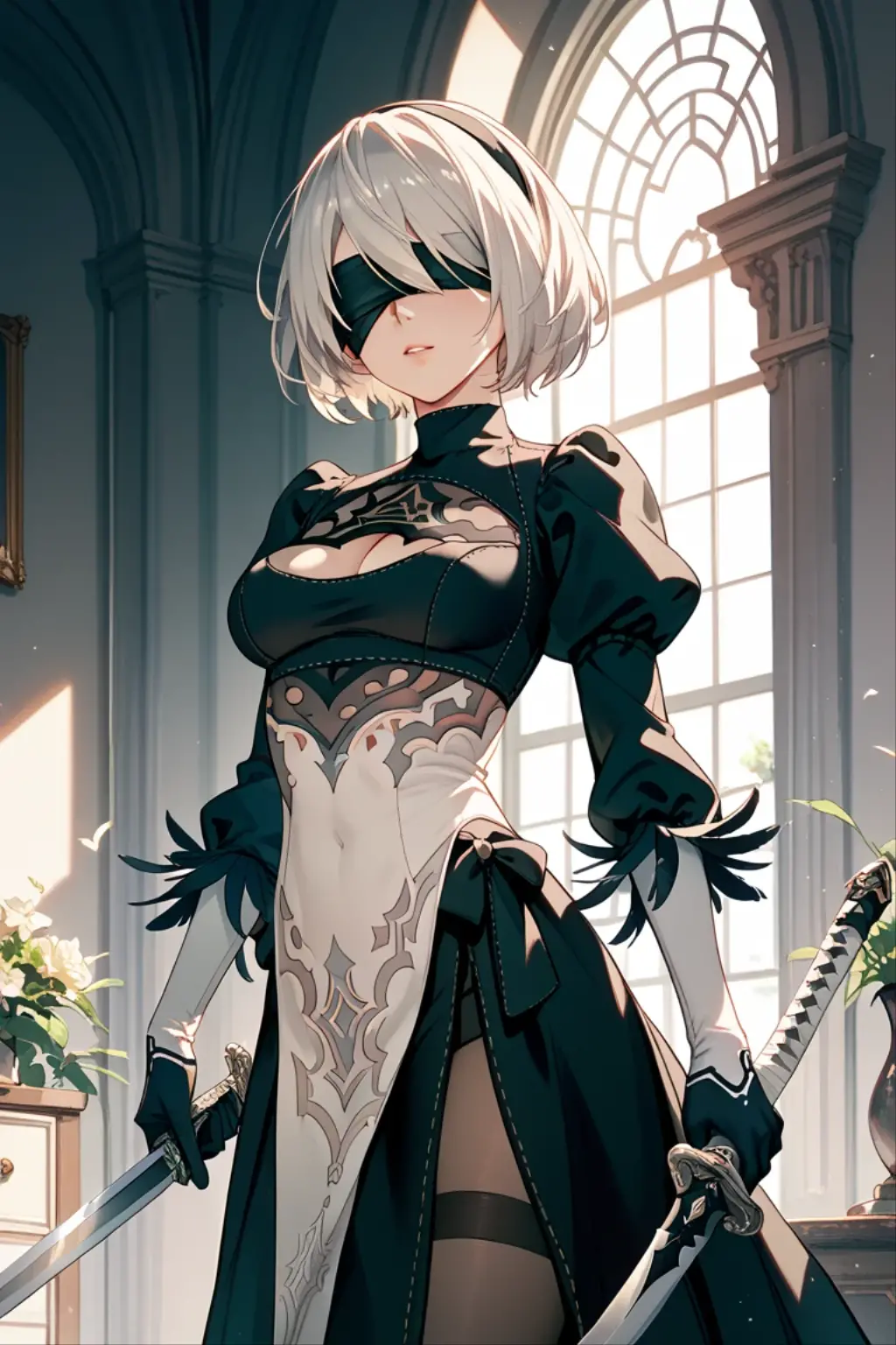 hm2b, 8k, (Full Body Portrait) ,masterpiece、Realistic:1.2, Realistic, Ultra-high resolution, highest quality, (Solo, 1girl), (Masterpiece, Detailed, 4k), perfect face, perfect lips, perfect makeup, dark eyeshadow, Unreal Engine 5, (Full Body Portrait), absurd resolution, high resolution, sharp image, vibrant colors, Nier Automata, voluptuous, ((2b)) ((2b cosplay)), ((2b outfit))