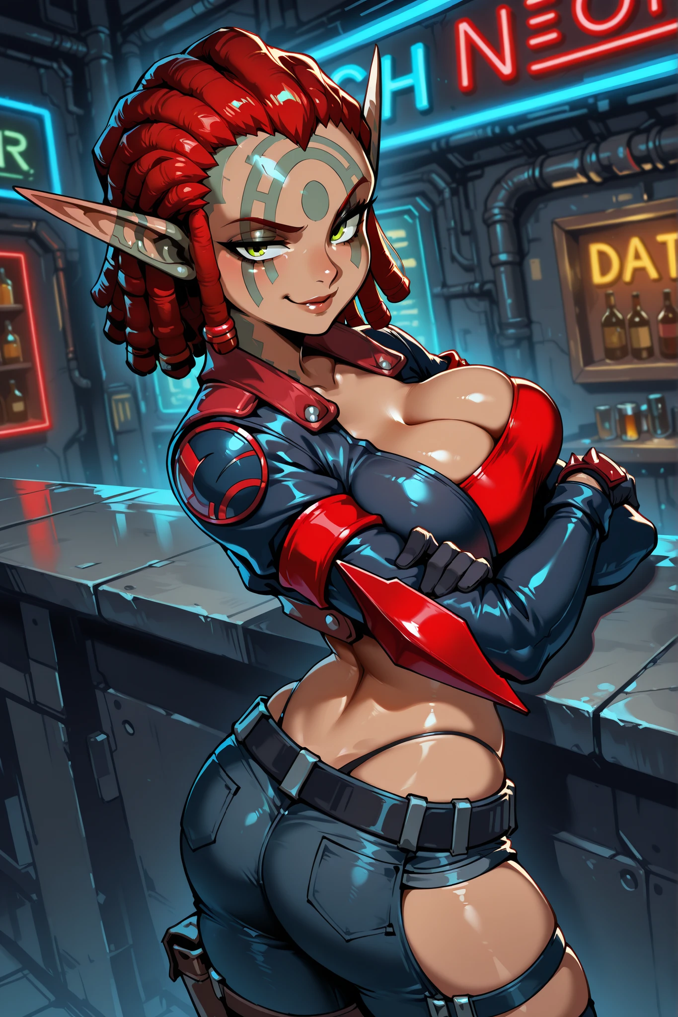 safe_pos, masterpiece, best quality, BREAK, dynamic angle, back view, 1girl, ashelinpraxj2, solo, red hair, dreadlocks, facepaint, pointy ears, green eyes, cropped jacket, tube top, black gloves, red wrist shield, black pants, thigh cutout, highleg panties, cleavage, arms crossed, looking at viewer , back view slight smirk, bar, neon lights, cyberpunk, detailed scenery,