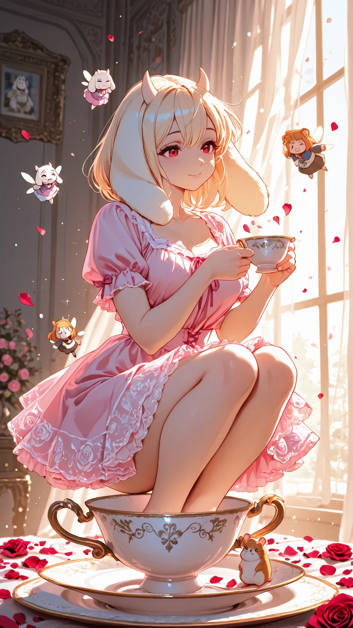masterpiece, better quality, ultra-detailed, high resolution, illustration style anime, soft and atmospheric light,
bright cherry petal-colored eyes, apparence d’une fillette de 3 ans, skin radiant porcelain, innocent and melancholic expression, romantic fairy tale ambiance,
assise gracieusement sur une immense tasse à thé en porcelaine finement décorée, diffusing a golden and subdued light, robe à volants rose pâle ornée de broderies rose doré et de perles délicates,
drills jumeaux moelleux, wearing pink silk ribbons, un flacon de parfum ancien en forme de rose posé sur ses genoux, sitting on a balancing saucer,
soft and slightly nostalgic atmosphere {x} surrounded of freshly fallen rose petals {x} little magic doll inspired by the Damask rose {x} very light pink tulle curtains floating in the air {x} animated stuffed animals floating gently around her — a small pocket hamster in a miniature ball gown, un Sans (Undertale) chibi vêtu d’un gilet victorien rose pastel, romantic fairy tale ambiance, sitting on a saucer in balance,
background filled with softness : emanating a light fragrant mist, sitting on a saucer balancing, ancient light suspended above her,
soft and atmospheric light, floral details everywhere, subtle magical aura, and a plush Toriel serving the tea,
centered composition, harmonieuse, fairy, avec un rendu ultra-réaliste des textures textiles, floral and luminous.