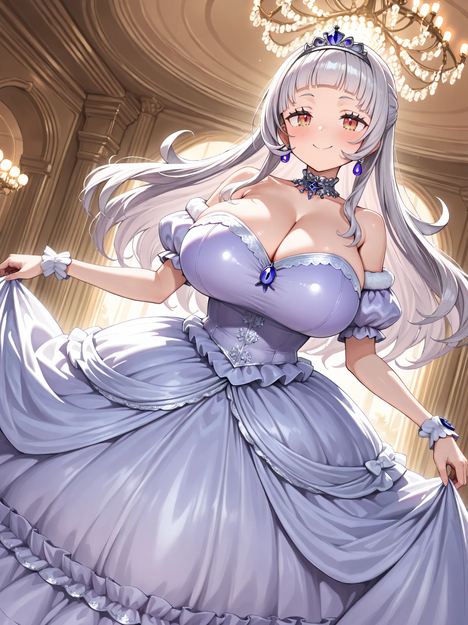 ultra-detailed, extremely detailed,((anime artstyle)),Masterpiece,(Best Quality),(Super Detail),(Very Delicate and Beautiful),cinematic lighting,((Solo)),(((full body))),full body,((detailed face and eyes)),perfect eyes, rendered eyes,jewel-like beautiful eyes,embarrassed,blush,((1 princess in beautiful embroidery and jeweled gorgeous rococo ballgown with frilled voluminous full length hoop skirt)),((Crinoline)),beautiful embroidery and jeweled gorgeous rococo ballgown with frilled voluminous full length hoop skirt,(large amount of straight hair,extremely voluminous Very Long straight Hair,Absolutely Long Straight Hair),(((very gigantic boobs))),skindentation,Bursting breasts,cleavage,((fantasy castle,outdoors,outside the castle)),long_gloves,extremely gorgeousfull jeweled hair ornament,(bling-bling extremely gorgeousfull jeweled tiara),(luxurious jewelry),full body,beautiful embroidery and jeweled gorgeous rococo ballgown with frilled voluminous full length hoop skirt