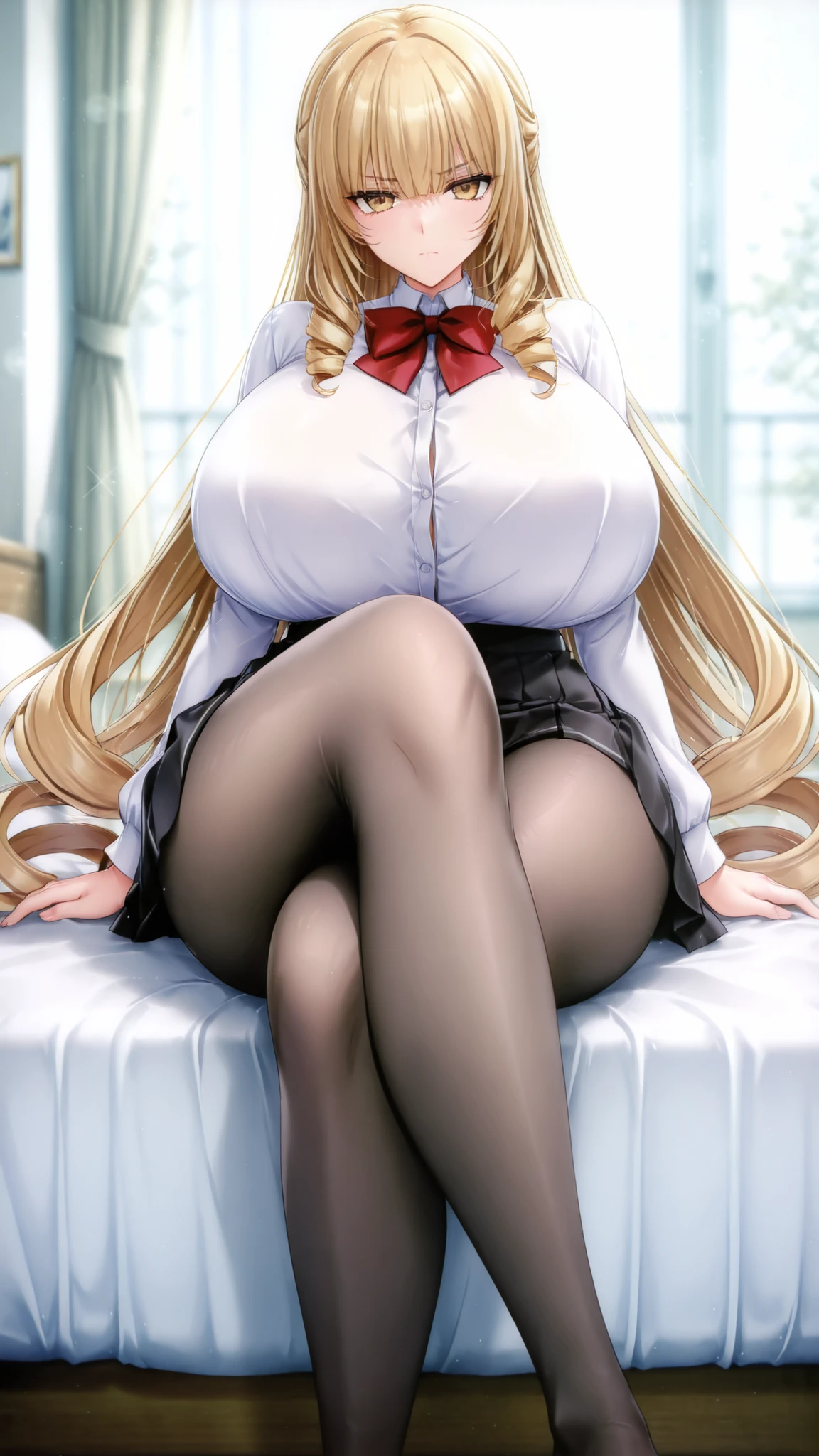 1 girl, blonde hair, very long hair, drill hair, giant , school uniform, white shirt, black skirt, leggings, tights, standing, facing viewer, looking at viewer, serious, legs crossed, sitting on bed, 