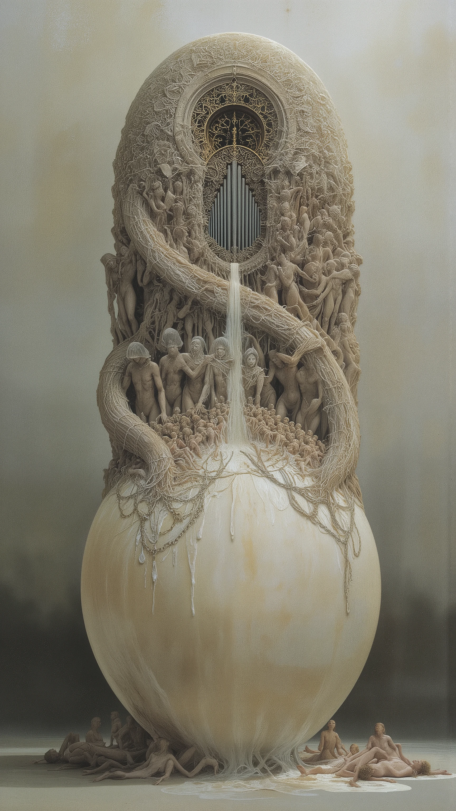 Grand pipe organ,A white ivory sphere of flesh composed of countless naked people,A perfect sphere composed of the intertwined bodies of people,People bound by chains,a sphere floating in space,Milk drips from the sphere,In a simple gray room with nothing in it,Classic yet contemporary atmosphere,dramatic lighting,evokes fractal structures,There's nobody here,Realistic photographic image,A style that conveys no emotion,Surreal,Disciplined,marianapalova1 painting,Depressive Black,botticelli style, painting. ,g0ya1 painting,