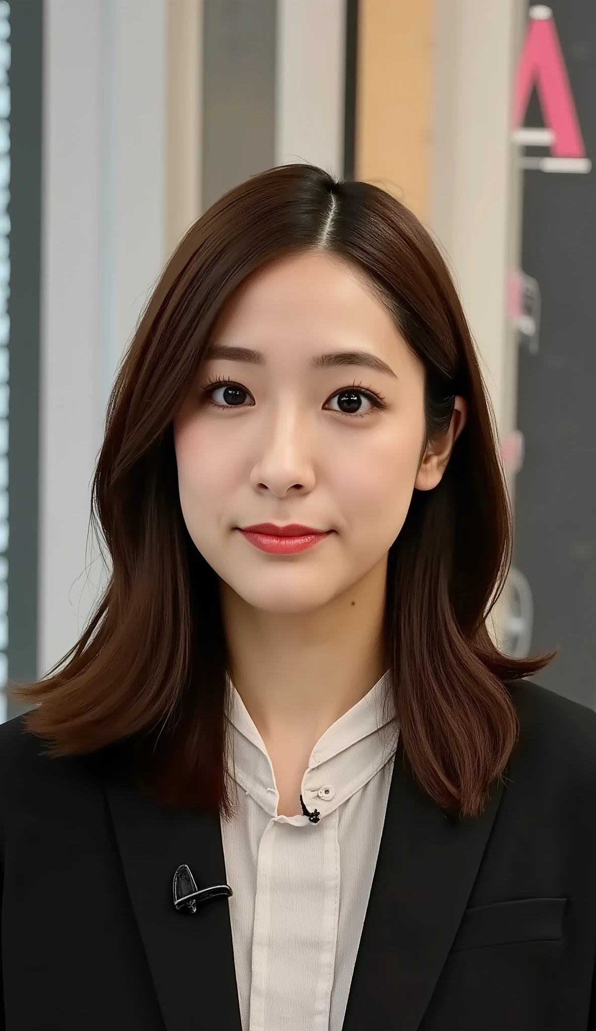 Neat Young Woman、looking at the camera、office lady suit、jacket、shirt、耳にピアス、、無表情、口を閉じている、face close-up、The background is office