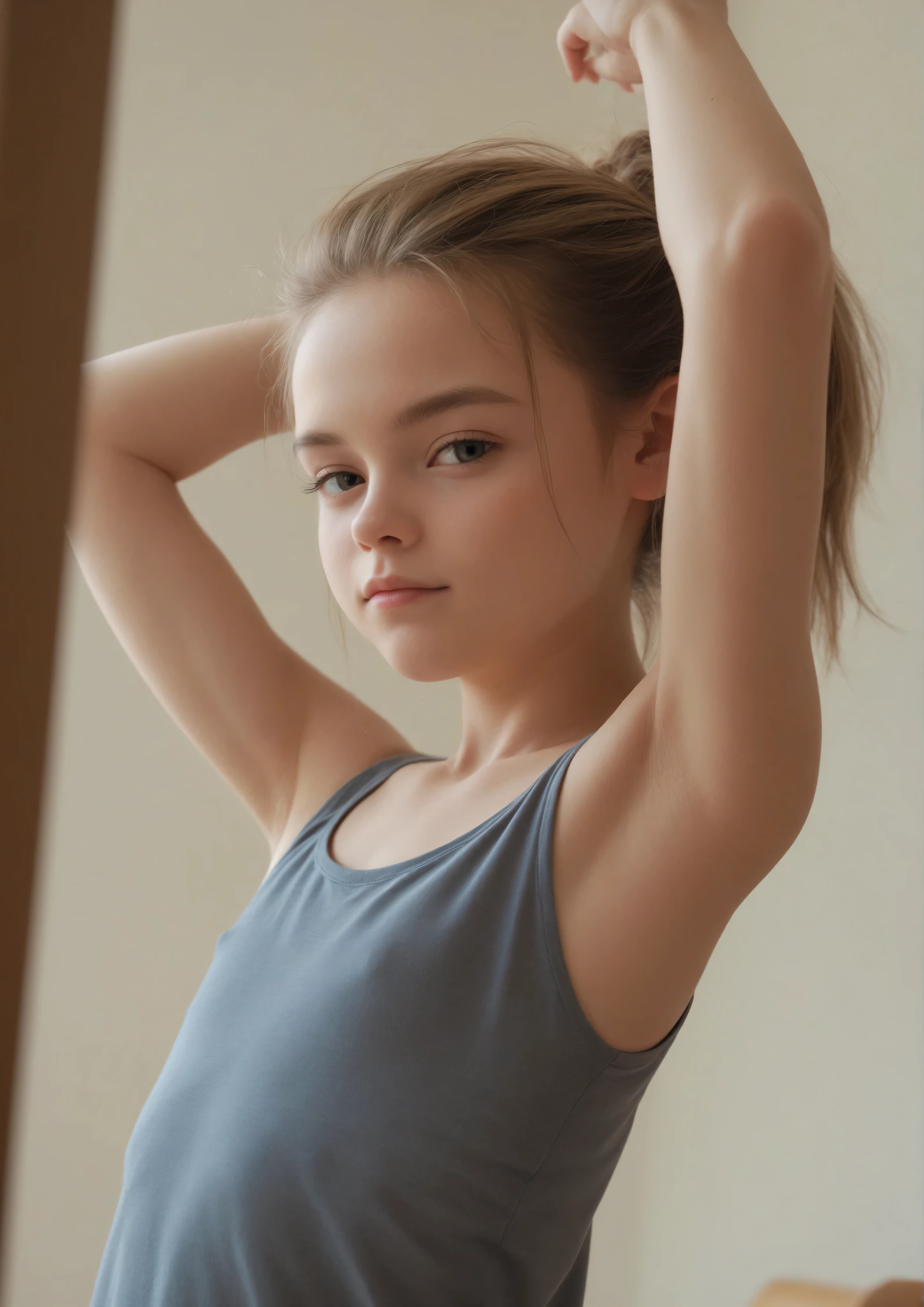 one girl、wears a tank top、raise your hand and look at your armpits taken from behind,Rating_Safety,(skinny:0.46),(younger:1.43),Restrained by 、Look at the audience,japanese,(Smile Yang:0.41)