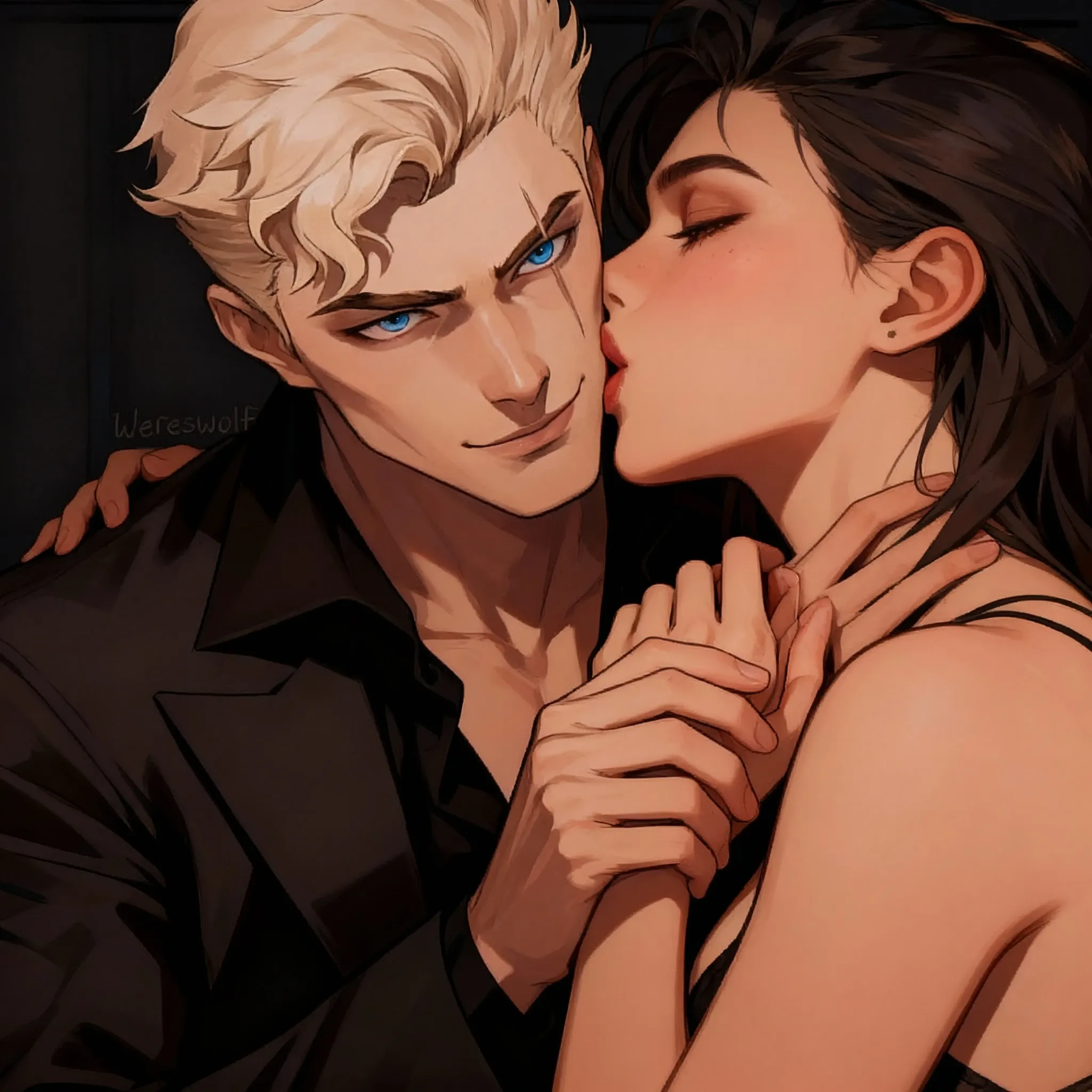 1 man, 1 woman, beautyful woman, perfect face, detailed, lady from devil may cry, with 1 beautyfull man, dante from devil may cry