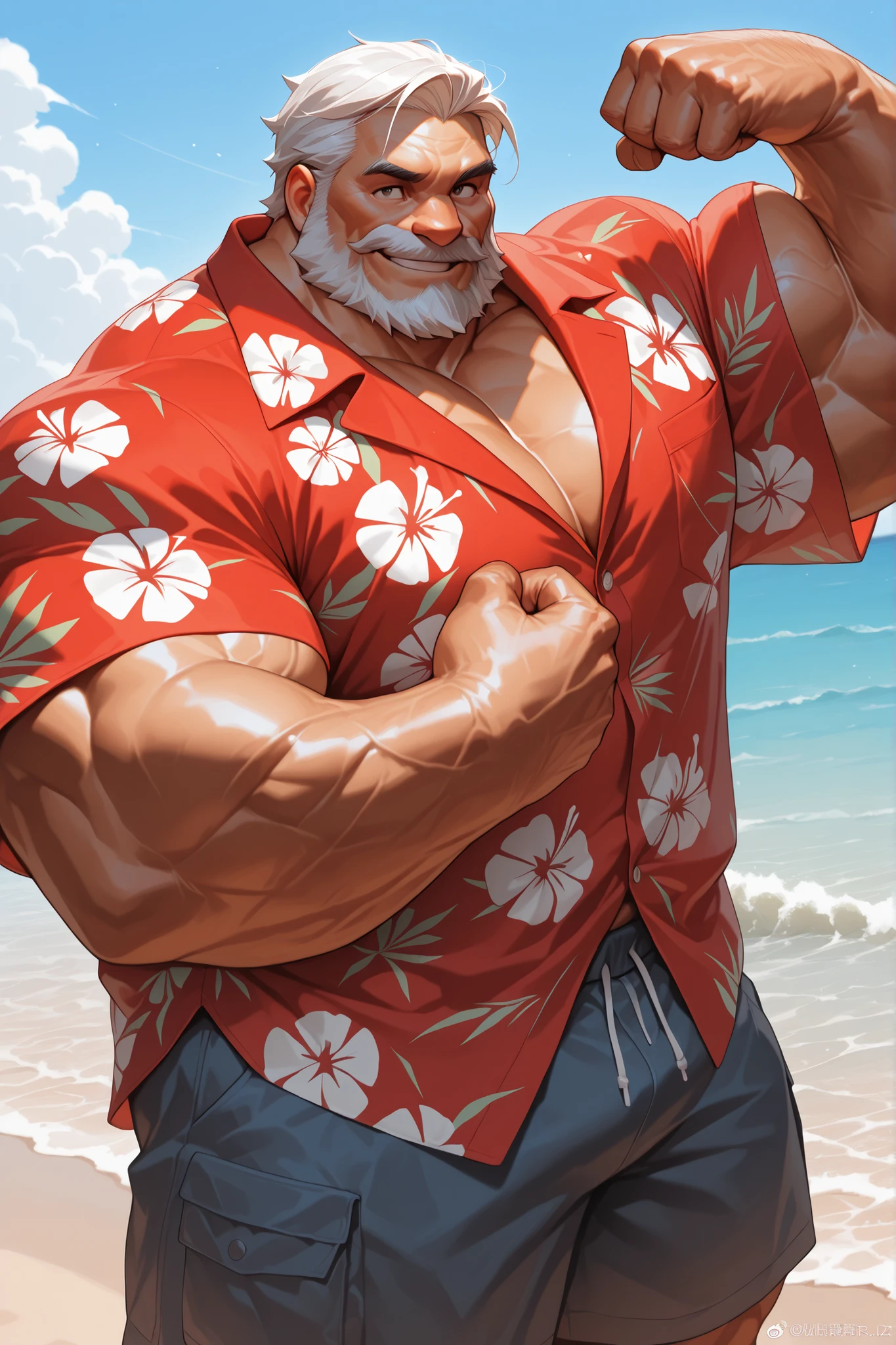 solo, massive muscular old man, in beach, hawaiian shirt, smile, flexing, half body, halfbody, grunt, very huge pectoral, shorts, detailed face:1.3, eyes, wide shoulder, thick arms, wide pectoral, muscle, short hair:1.2, masterpiece, semirealistic:1.2, high detailed, 8k, high resolution