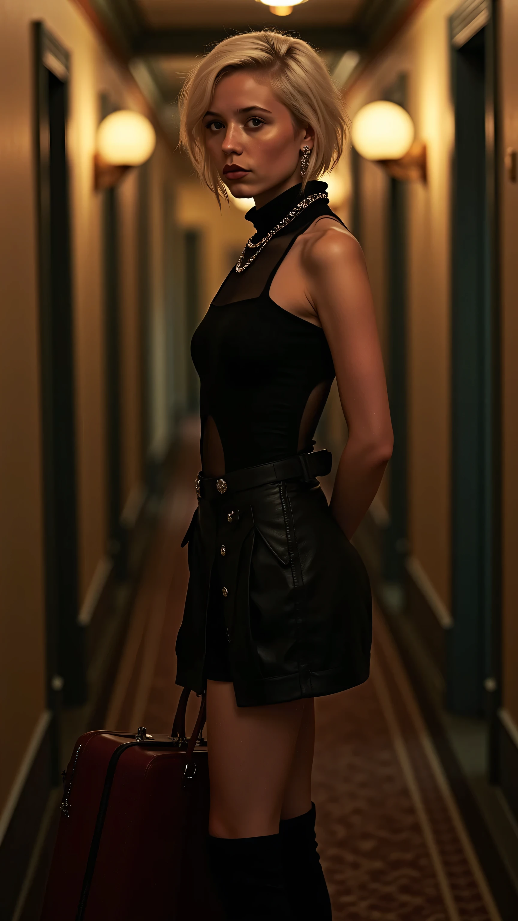 An eye-catching 18-year-old Finnish agent poses in a dimly lit vintage-style hotel hallway. Her asymmetrical platinum blonde hair shows a subtle undercut, while she seemingly Innocent look is enhanced by natural makeup and shiny lips. The outfit combines  and discretion — a black sleeveless top with a high collar and strategic mesh inserts, combined with a dangerously short folded skirt and over the knee boots. The delicate collar with its decorated O-ring is with combined with a subtle body chain, , was durch das Netz, additions . , to convey both vulnerability and calculation, as she looks over her shoulder, caught in a moment of surveillance. Taken at 50 mm at f/2.8, , which creates a dramatic bokeh from the vintage brass hardware of the corridor. The atmospheric light captures the smooth leather of her boots and the subtle sparkle of her tight-fitting blouse, zu sehen ist, while the film mandrel creates a noir atmosphere. A briefcase and designer shopping bags next to her complete her camouflage identity.