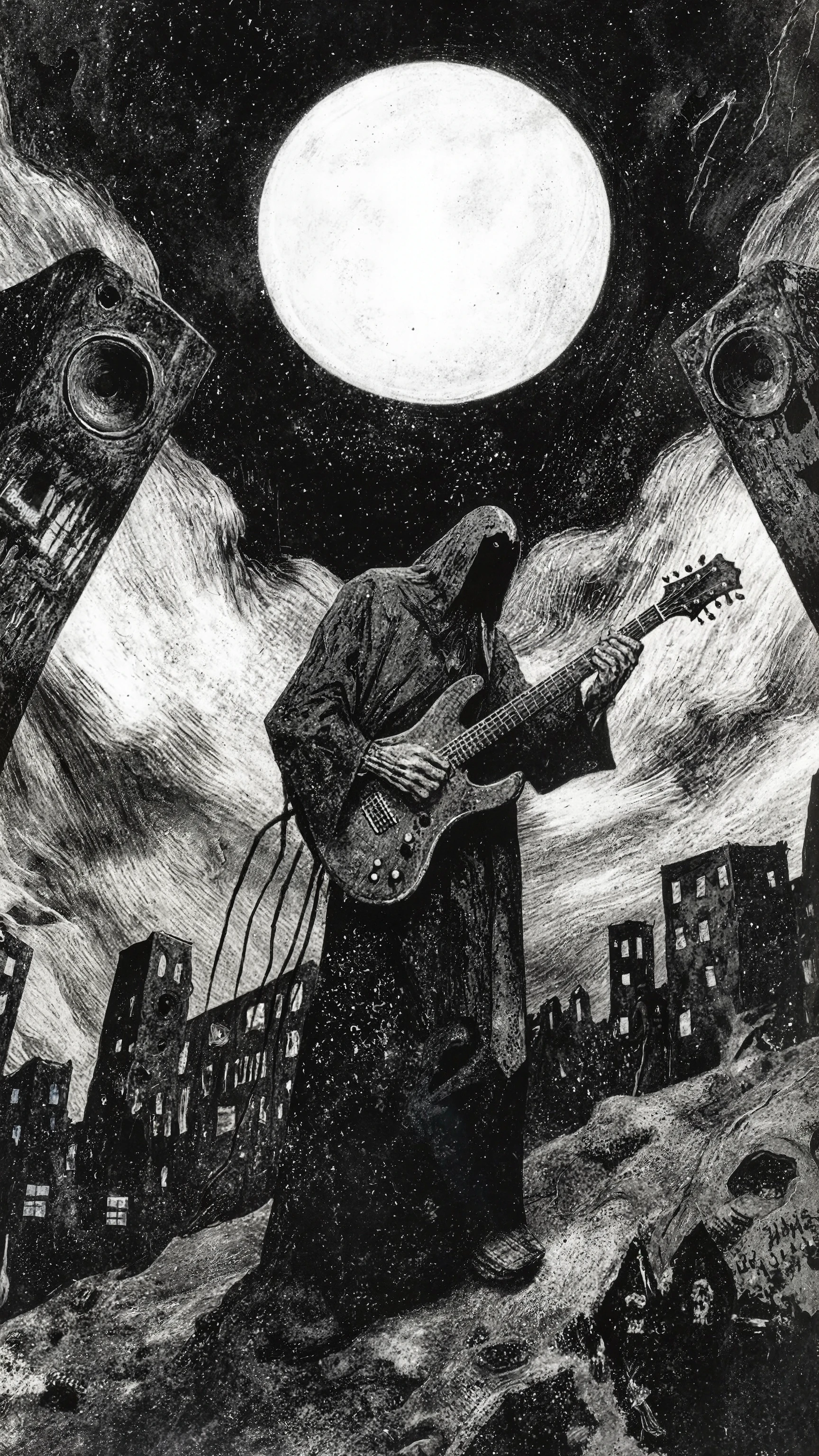 gothic style text"sun0)))",angle from side,a pilgrim clad in a long robe, funeral procession,carrying an electric guitar over his shoulder,His face was dark and unseen,like demons and skeletons,Climbing the mountain overlooking the decaying city,Whirling Sky,doom,flying Large speakers used for live performances flank the man on both sides, and he feels the vibrations from the deep bass emanating from them,Deep bass, vibrations, effects of earthquakes,1970s psychedelic art style,dark and moody,hallucination, gritty,l0v3cr4ft,g0ya1 painting,Depressive Black,l0v3cr4ft