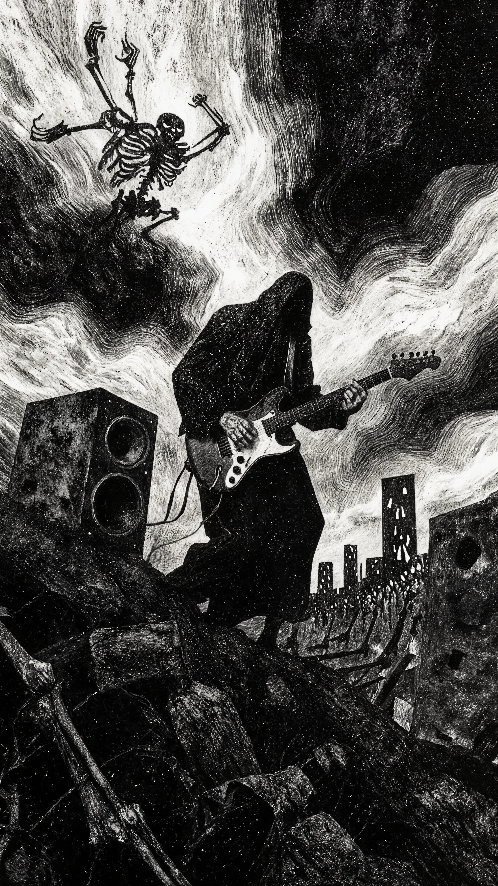 angle from side,a pilgrim clad in a pitch-black shadow long robe, funeral procession,play electric guitar,His face was dark and unseen,like demons and skeletons,Climbing the mountain overlooking the decaying city,Whirling Sky,doom,flying Large speakers used for live performances flank the man on both sides, and he feels the vibrations from the deep bass emanating from them,Deep bass, vibrations, effects of earthquakes,1970s psychedelic art style,dark and moody,hallucination,gothic icon,Copperplate engraving art style,detail line,dynamic pose,dynamic angle, gritty,l0v3cr4ft,g0ya1 painting,Depressive Black,