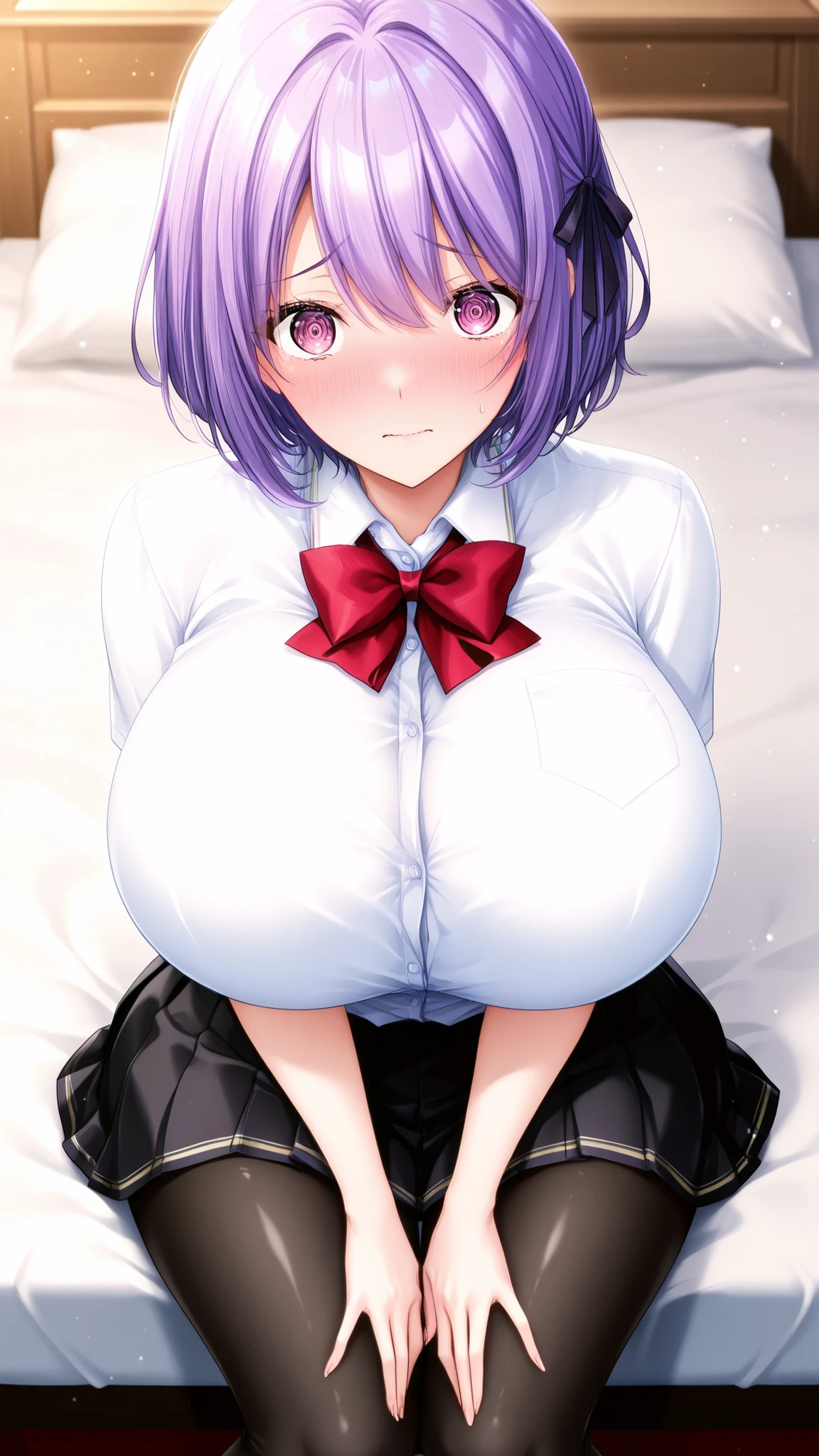 1 girl, violet hair, short hair, giant , school uniform, white shirt, black skirt, leggings, tights, facing viewer, looking at viewer, nervous, hands on lap, sitting on bed, 