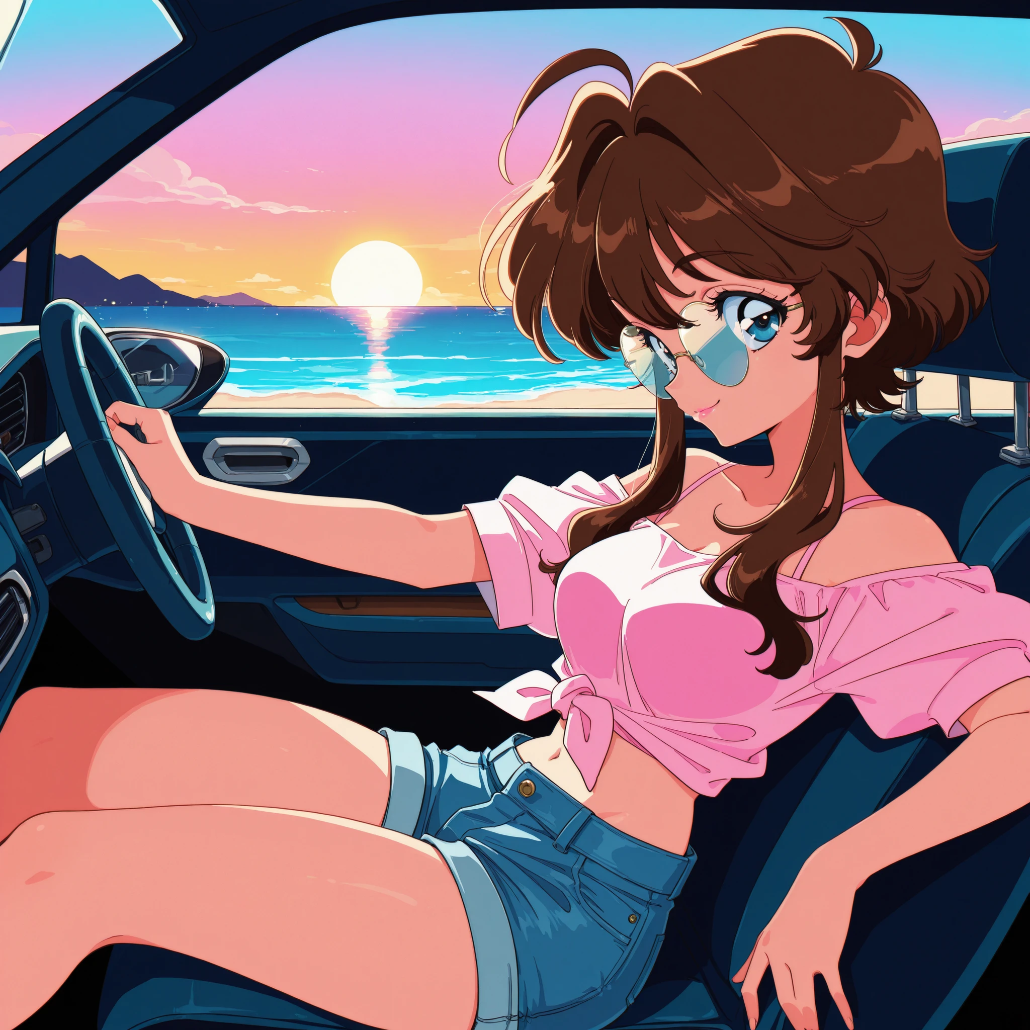 masterpiece, ultra-HD, impressionism, high detail, best quality, very aesthetic, 8K, best quality, beautiful, ultra-high resolution, 32K UHD, sharp focus, hrn_yc Style, bokeh, retro artstyle, 1990, 1woman, solo, long straight brown hair, long locks, ahoge, loose hair, blue eyes, eyelashes, pink lips, medium breasts, narrow waist, wide hips, thick thighs, shapely legs, slim, petite, round sunglasses, pink off-shoulder shirt tied at the waist, bare belly, denim shorts, blushed, smile, cute, driving a convertible car, looking at the viewer, sunset, beach background, dynamic perspective, vaporwave, profile view
