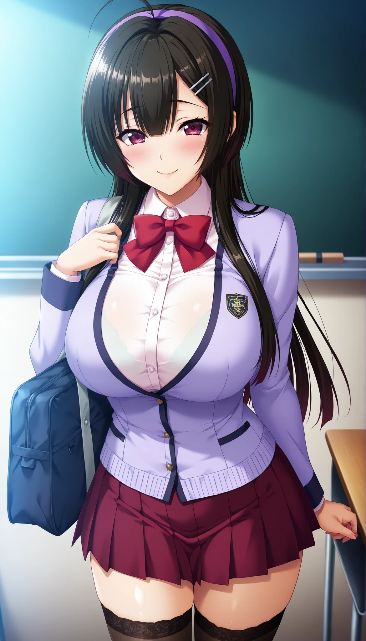 masterpiece, best quality, good quality, 1 girl, Onozaki Hiyori, black hair, long hair, maroon eyes, purple headband, large medium breast, beautiful breast, perfect ratio, slim, game cg style, blush, horny, slutty, smile, school uniform, white blouse, purple cardigan, red bow tie, maroon pleated skirt, black thigh-high black stockings