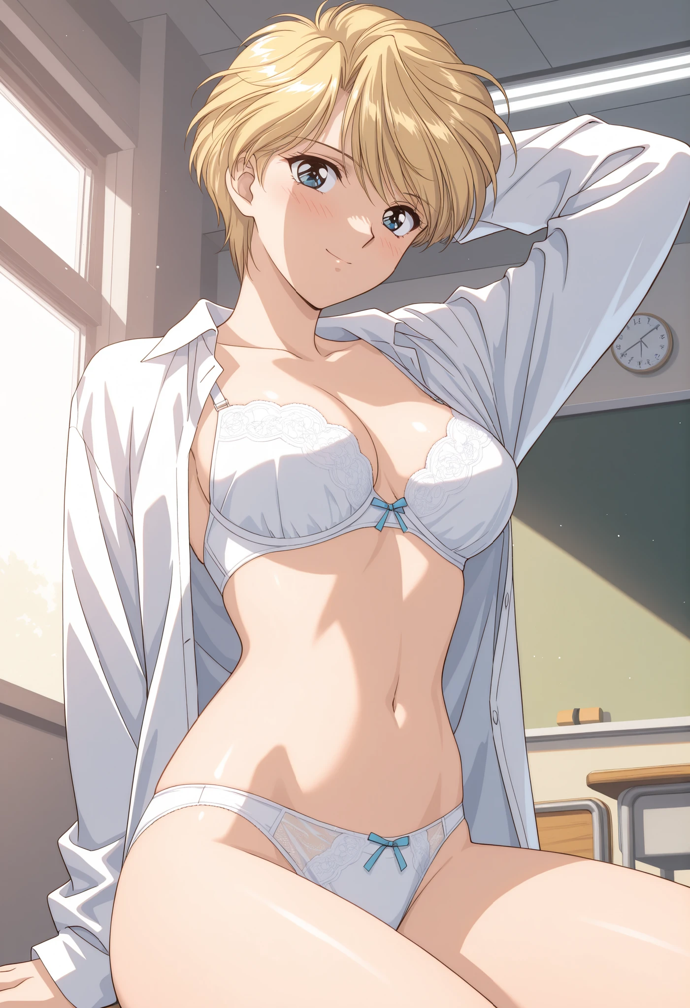 score_9, score_8_up , score_7_up , score_6_up , score_5_up , score_4_up ,Clip skip:2,,(1990s_\(style\):0.8),(retro_artstyle:0.8),(masterpiece:1.3),NSFW,solo, mature female,(extremely detailed CG unity 8k wallpaper),top quality , amazing quality, high resolution, Absurd, very aesthetic, high resolution, (ultra detail), perfect detail,(extremely detailed CG,highres icon,absurdres,4K),cowboy shot, best quality, source_anime,official art,perfect_anatomy,slender ,slender waist,yui hongo,1girl,blue eyes,blonde hair,short hair,very short hair,white shirt,open shirt,white bra,,looking_at_viewer,smile,day,classroom,美しい太腿,(sitting),blush,from below,white panties,hand behind head,