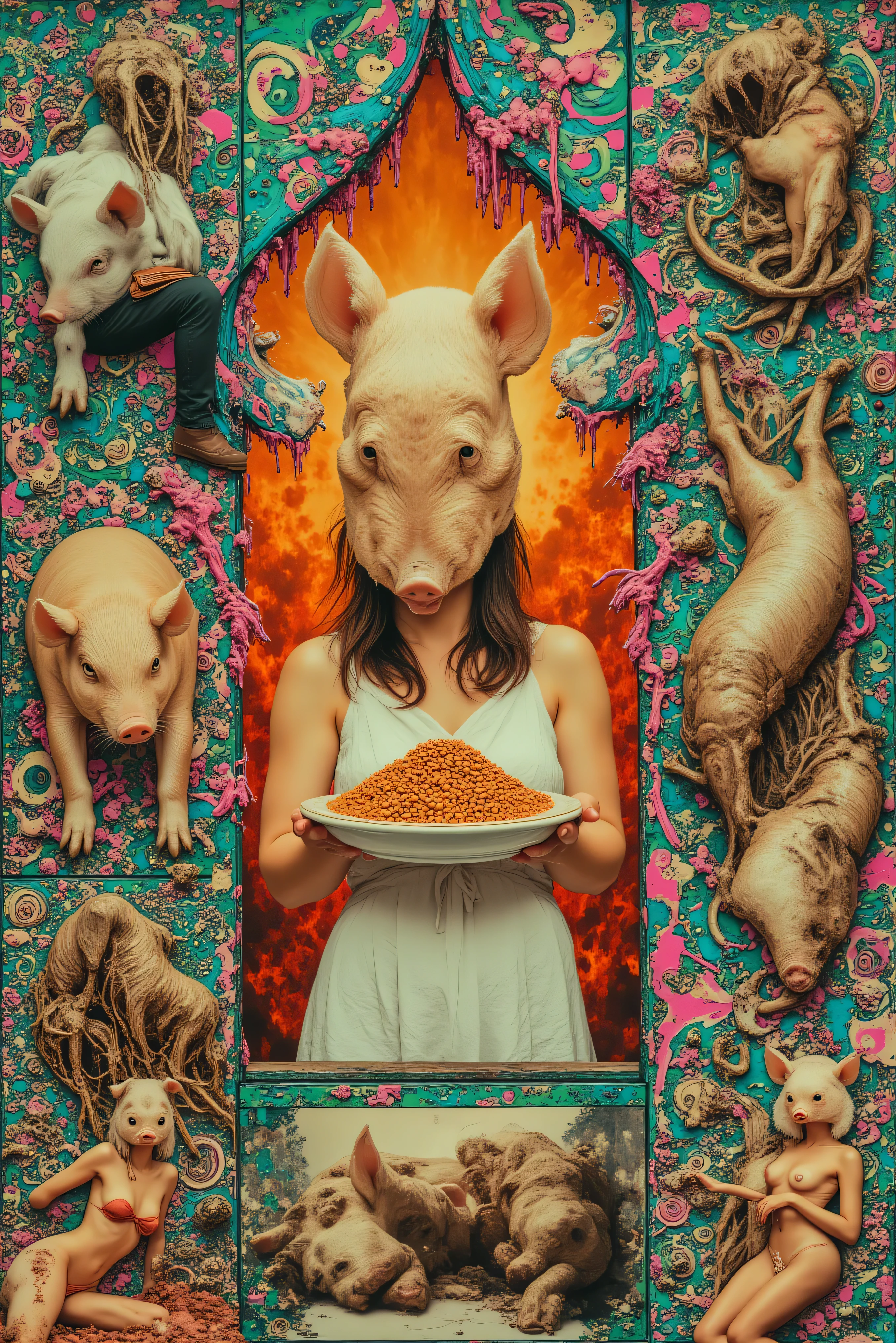 A surreal and vividly colorful collage blends elements of horror and fantasy. The central figure, a person in a white dress, wears a realistic pig mask, holding a plate piled with what appears to be baked beans. The background features fiery orange hues, suggesting a hellish or intense setting. Surrounding them, various panels repeat or depict similar pig-masked people amidst a hallucinatory array of swirling, psychedelic patterns of bright pink, blue, and green.
The imagery also includes realistic figures of pigs, some appearing animated and lively, while another scenario shows a nude woman alongside grotesque, skeletal creatures, adding a layer of unsettling fantasy. Raw meat and carcasses hang in certain sections, enhancing the disturbing atmosphere. Overall, the composition is jarring and vibrant, combining elements of the bizarre and the macabre with an intense use of color and symbolic imagery.