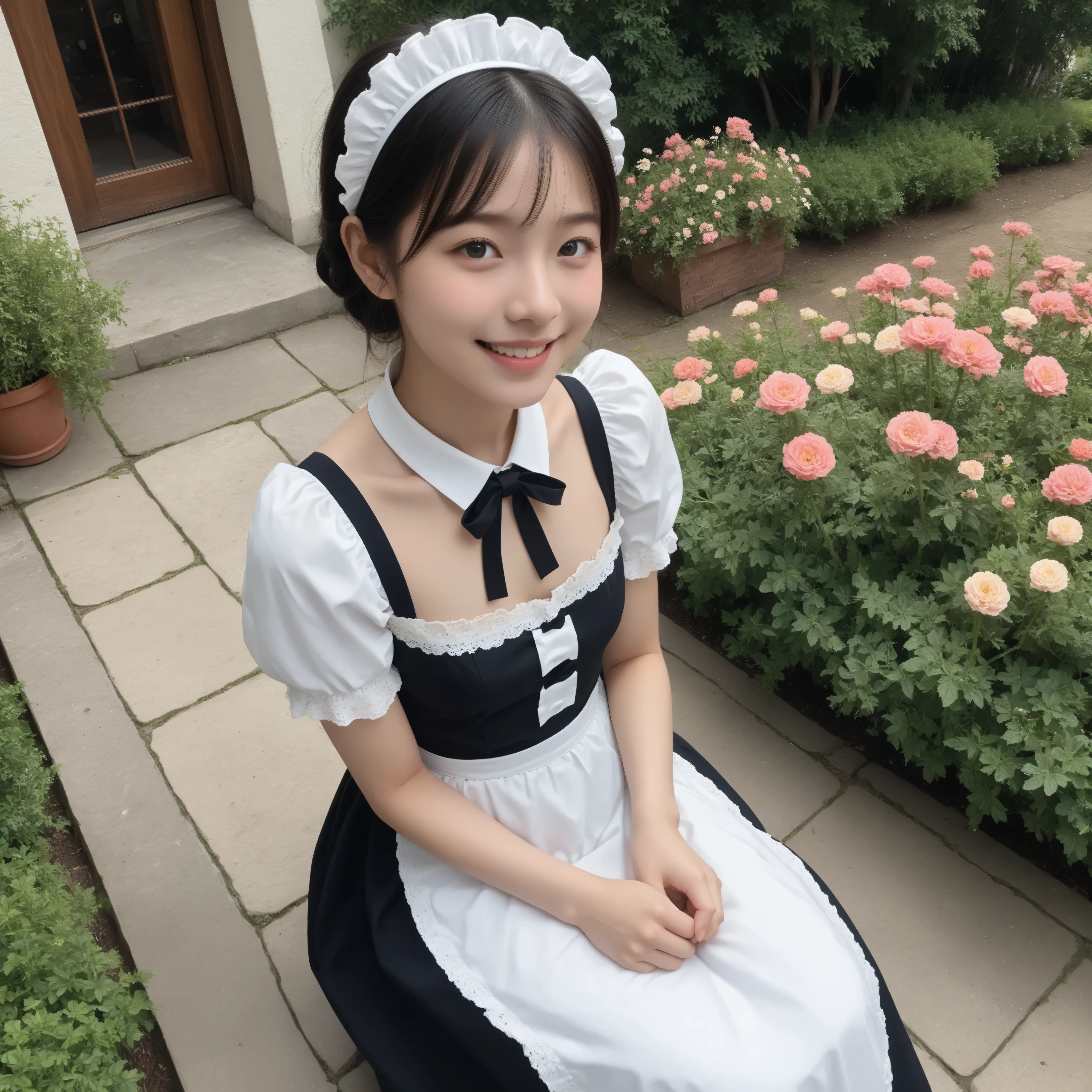 one girl、maids,Look at the audience,(skinny:0.66),(younger:1.43),from above,lean forward,(big boobs:0.11),is watering flowers outside the mansion,japanese,(Smile Yang:0.96),black lace stockings