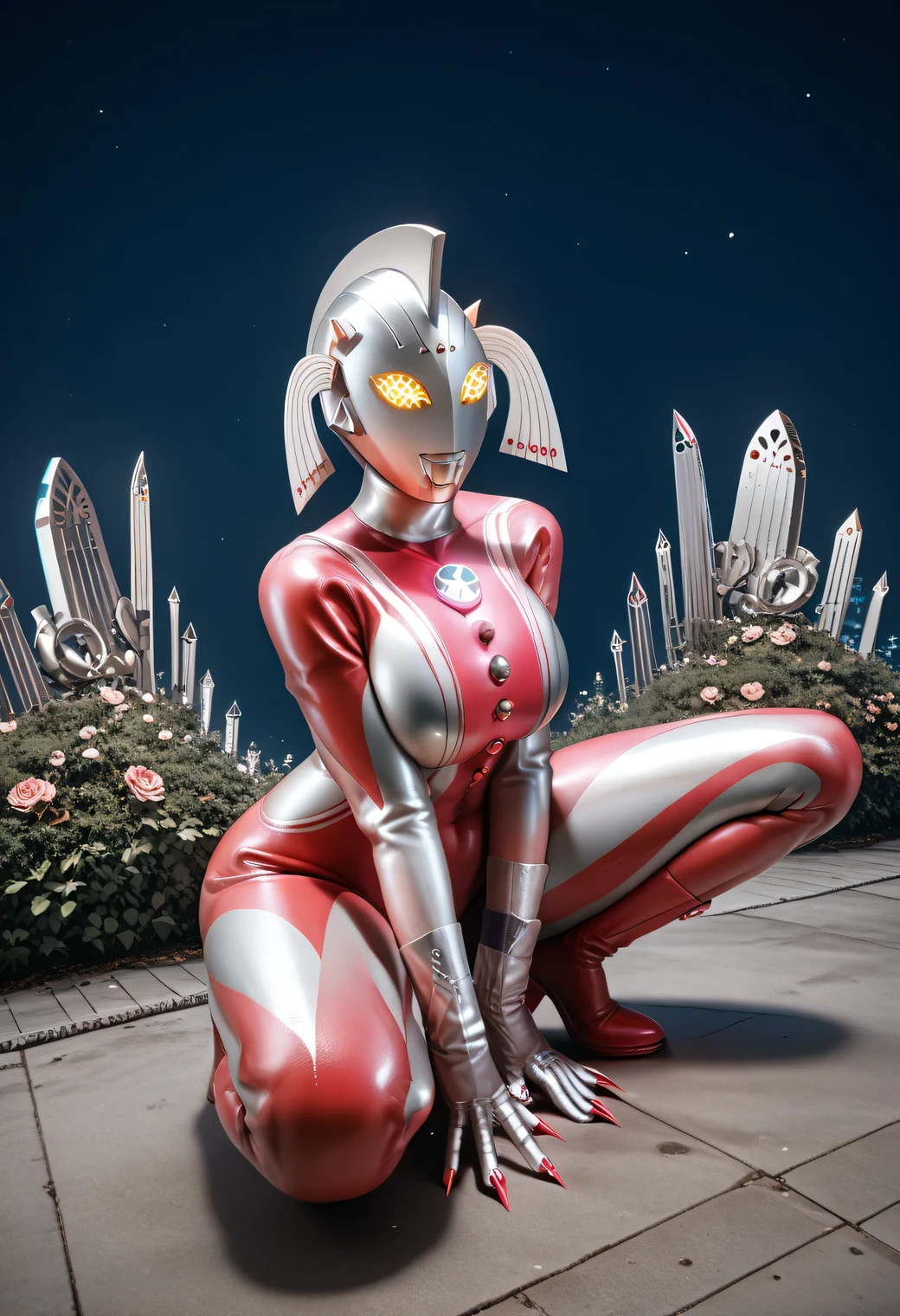 Mother of Ultra . ( high quality wave line )(gross)(( super huge )) Silver helmet. looks up. squat pose. full face helmet . Red Line. yellow luminescent machine eyes . her whole body is covered in a silver and red bodysuit. thick legs. Spike decoration. Pink lines all over the body. . pink luminescent crystals. Pink sharp claws. night background.huge