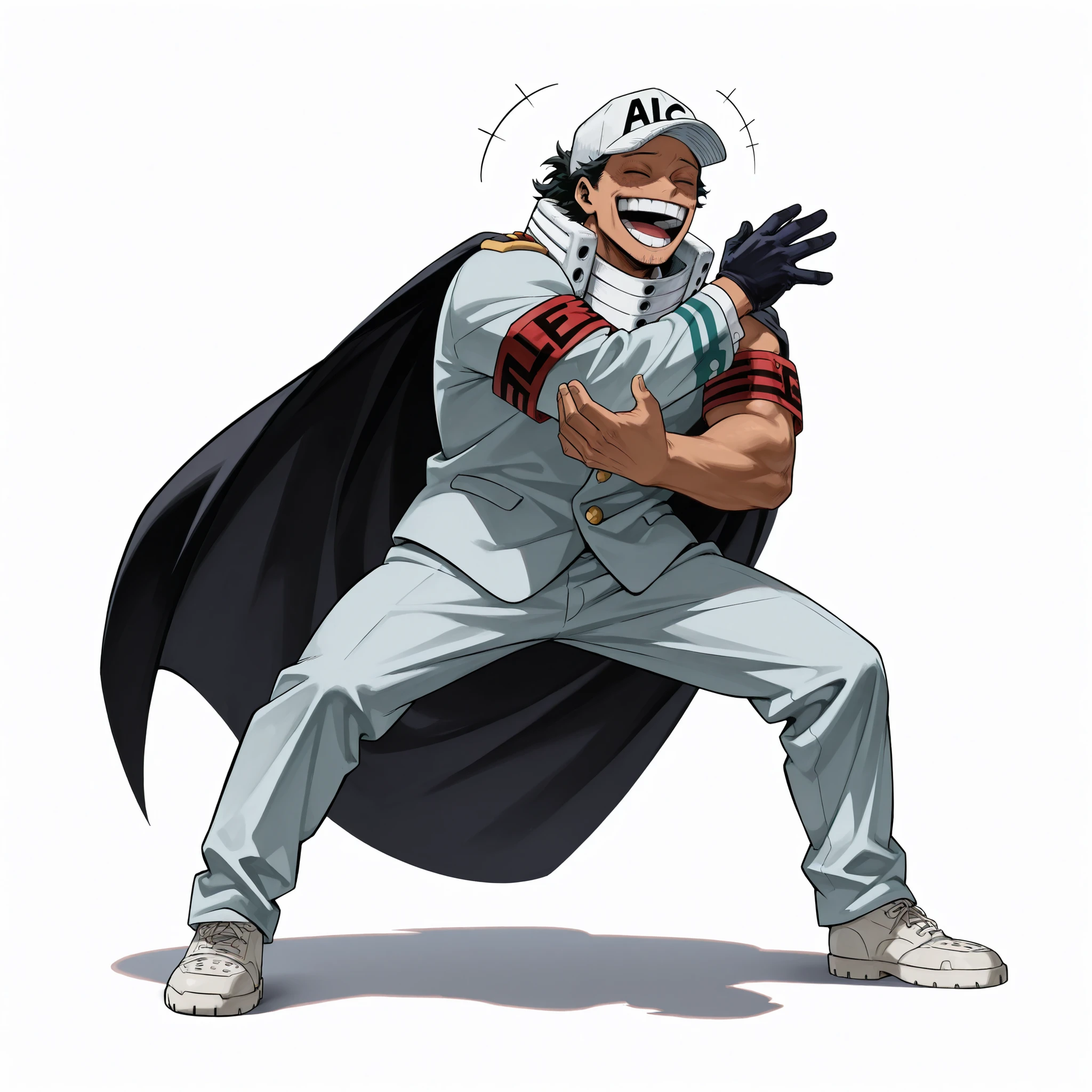 (male), (middle aged man), (muscular body), (tan skin), (short black hair), (black eyes), (broad jaw), (open mouth happy), (close eyes laughing), (energetic expression), (smiling face), (solo), (single character), (full body version), (white background), (no background), (highly detailed), (shadow), (standing pose), (dynamic pose), (natural light), (detailed outfit), (detailed hand), (detailed face), (detailed hair)
Wearing a stylish light blue suit with matching pants and shoes, a long white Admiral cape flowing behind him, an armband on his left arm, a light blue baseball cap, and gloves with no right-hand glove, striking a confident and cheerful pose. (Boku no Hero academia style art)