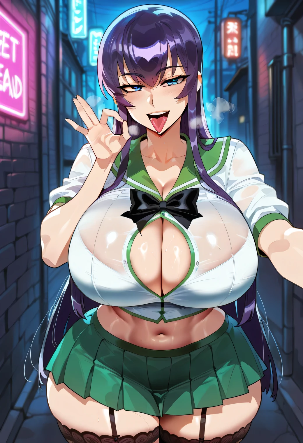 Masterpiece, source_anime, top-quality, perfect anatomically, correct anatomy, sharp focus, 4K, 8K, anime girl, 2.5D, perfect light, cinematic shadows, highres, beautiful face girl, ultra detail, correct details, perfect details, 1girl, solo, Saeko Busujima(Highschool of the dead), bright skin, purple hair, long hair, smooth hair, straight hair, bangs, blue eyes, eyelashes, eyes detailed, sharp eyes, curvy, highres, tall:1.3, sexy body figure, very big breasts, huge size breasts, large size breasts, huge size breasts:3.2, thick size breasts, gigantic breasts, breasts bigger than head, cleavage, thick hips, thick thighs, school uniform, white shirt, crop top, short sleeves, green collar, bare stomach, navel, short skirt, pleated skirt, green skirt, black stockings, see-through black stockings, banknotes in stockings, prostitute girl, standing, brick wall, in alley, neon light, nighttime, night atmosphere, dark atmosphere, front view, close up, upper body, looking at viewer, seductive eyes, smile, open mouth, tongue out, make a circle with fingers, moving hand, motion details, panting, moan, heavy breathing, fellatio gesture, safe for work, Floox Style