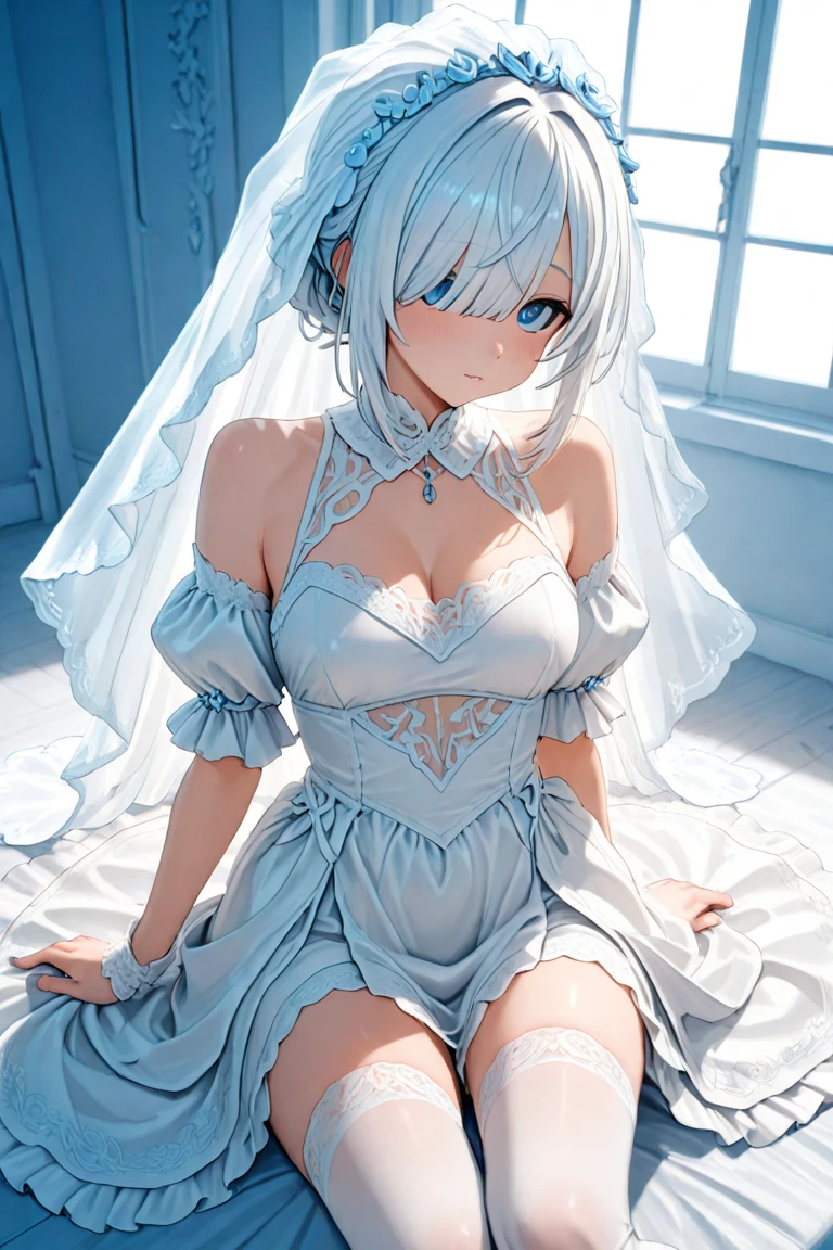 Character Details:, - Gender: 1 Girl. - Style: Anime, - Body Type: Attractive body, slim body, nice legs, slim tights, nice arms, nice shoulders. - : ((Small :1,5)), Cleavage. - Facial Feature: Beautiful, Gorgeous, Teenager, Fresh, Young. - Expression: Shy, Smile, , Pink Blush on Face,  Eyes,  Look, (Sweating:1.4), Innocent Look, Tipsy. - Hairstyle: Blunt Bangs, Long Hair. - Hair Color: Light Blue Hair. - Clothing: ((Full Gown, Wedding Dress:1.6)), (off-shoulder:1.6), (Stocking:1.4). - Body Pose: (Kneel). - Behaviour: Waiting, Want Something, Secretly. - Accessories: Earrings., Environmental Details:, - Setting: Bed Room., - Lighting: Natural Light., - Decoration: Modern Bed, Desk, Chair, Window, ((White Curtains:1.6)), City View. Top view. pov, anime style, UHD, retina, masterpiece, accurate, anatomically correct, textured.