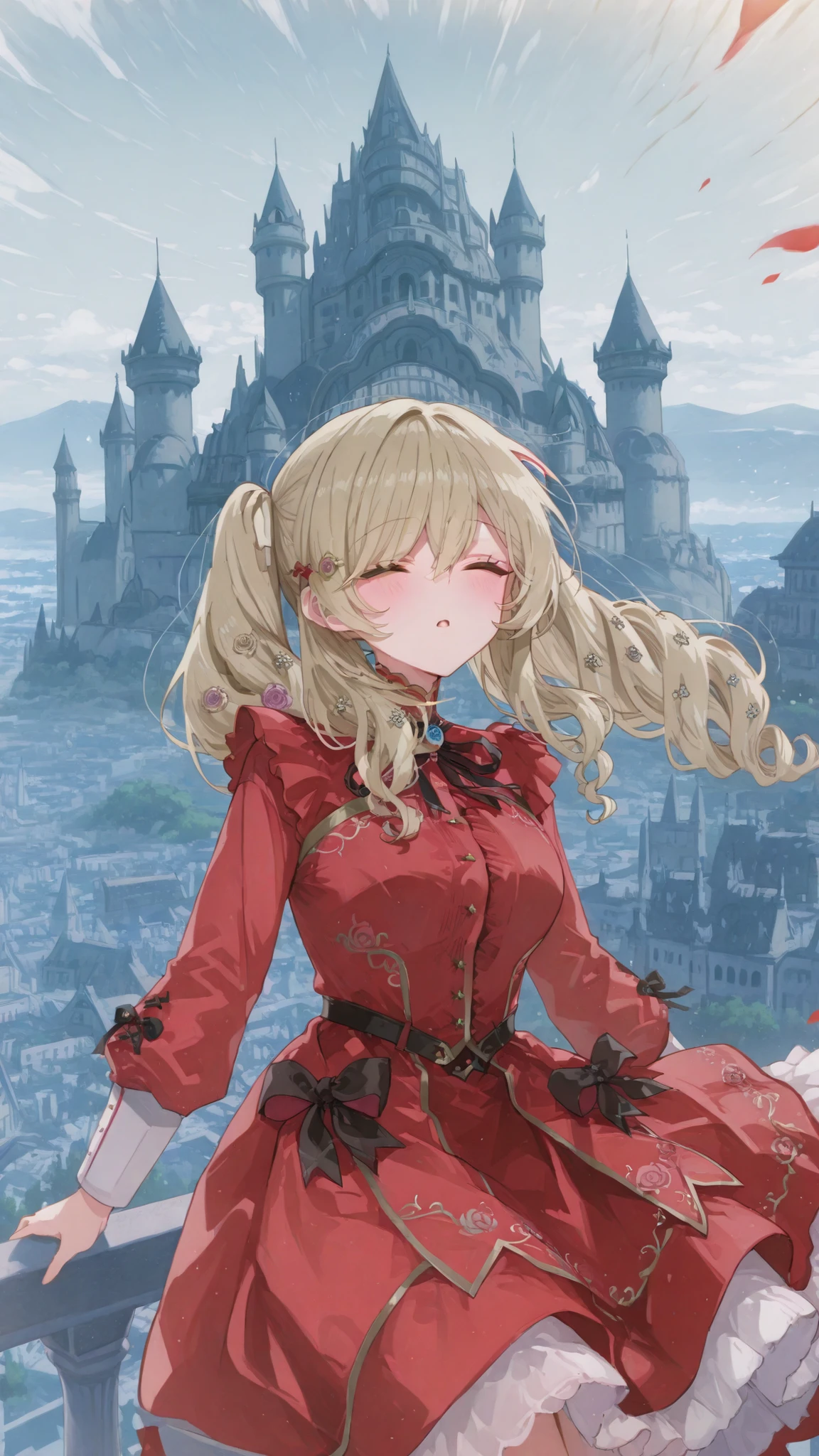 Ancient City,Big Castle,red dress,Rose embroidery,golden hair,long hair,twin tails,Vertical roll,Fluttering in the Wind
