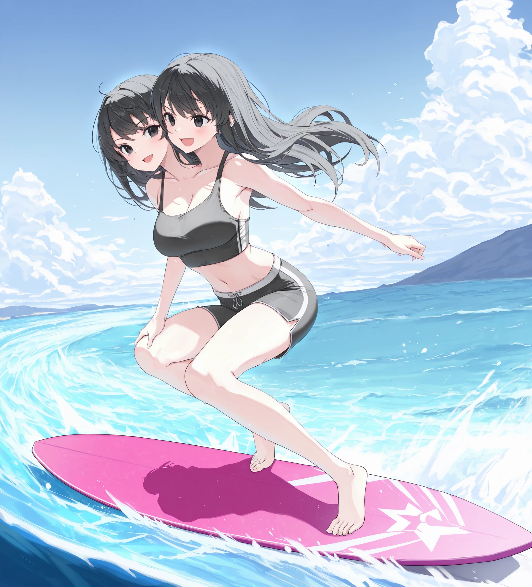 (masterpiece) , (ultra-detailed) , (high quality) , (high resolution) , (best quality:1 . 5 , highres , UHD), 2heads, conjoined , anime girl with two heads , long black hair ,black eyes, surfer girl, surfer riding on surfboard, Surfing , bikini tank top, swim shorts, midriff