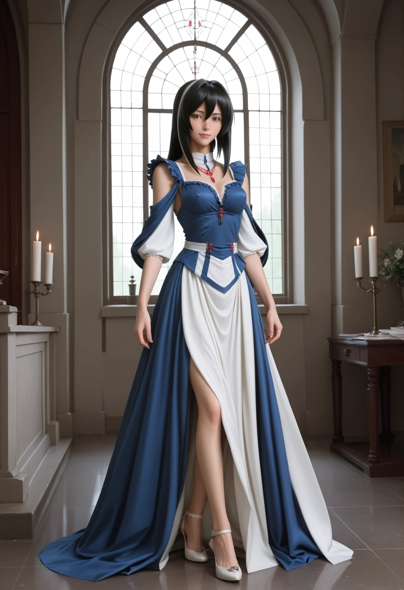 (Rozen Maiden: 1.5 ),full body、dark haired、Dark Eyes、beautiful woman taking off plastic、alone、Castle、princess、dress