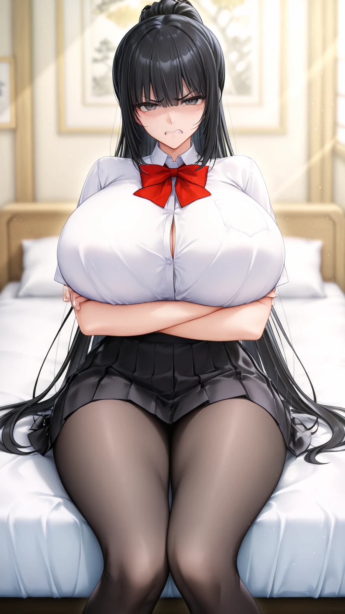 1 girl, black hair, long hair, ponytail, giant , school uniform, white shirt, black skirt, leggings, tights, facing viewer, looking at viewer, angry, arrogant, arms crossed, sitting on bed, low anglee