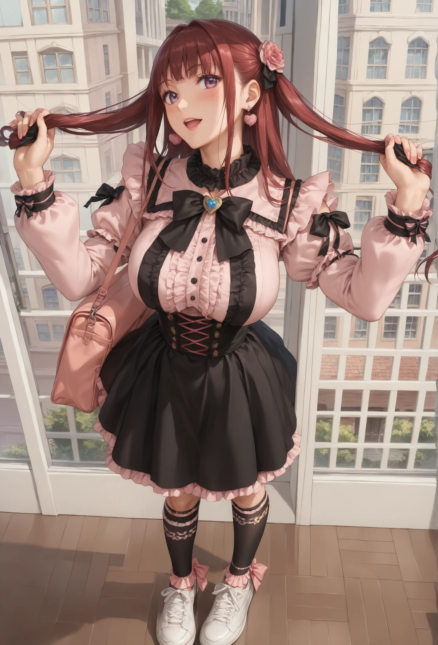 ((inspired by )),((inspired by Animation Style:1.5)),(masterpiece, best quality),beautiful, beautiful-woman, ((detailed face)).(full body:1.3)., 
, 
,

((The woman is wearing  jirai-kei fashion)),pink frilled shirt with short puff sleeves, black neck ribbon,and high waist skirt with black frilled&laced knee-highs-socks ,. ,jirai kei,twin-tail, ((frilled&laced socks:1.2)),

background is hotel.
