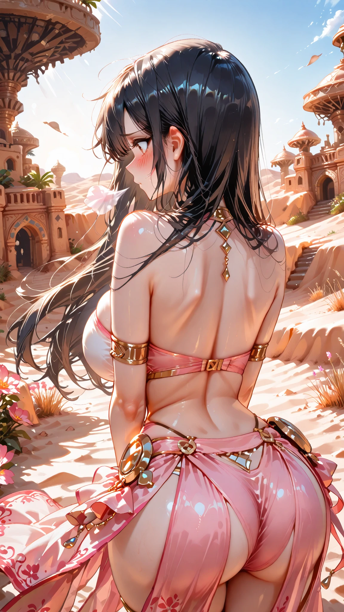 (masterpiece:1.3, 8k:1.3, Highest Quality:1.3, detail:1.3, high resolution:1.3, digital painting, ultra detail that will make you look down), Cute Desert Dancer Girl, Pink Floral Dancer Costume, Soft Veil Drifts, Desert Petals Blowing in the Wind, warm sunshine, high detail animated illustration、embarrassed face、Blush、black hair long hair、straight hair、BIG BREASTS、back view