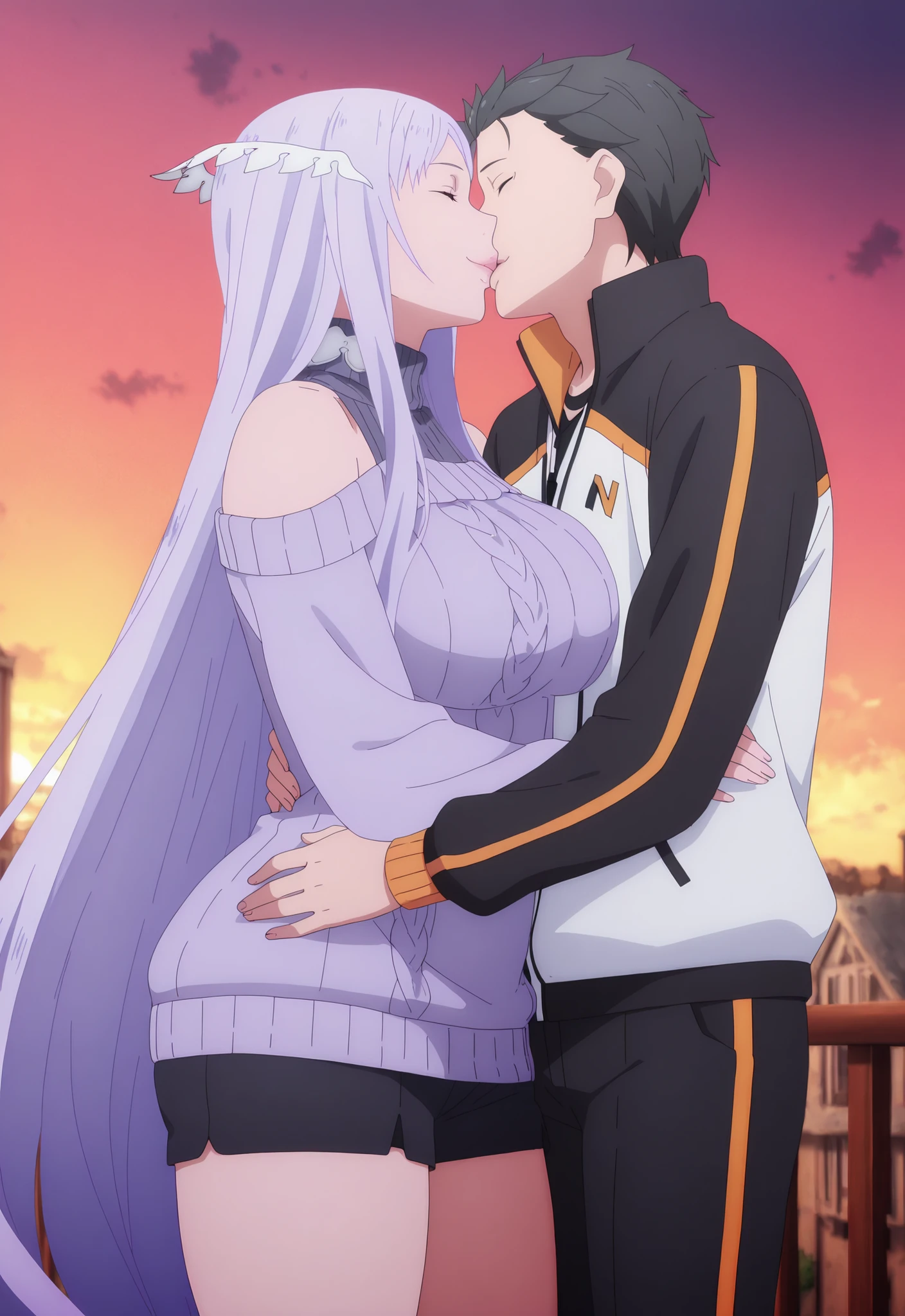 anime screencap, anime coloring, detailed background, screencap, quinella, 1girl, adult female, long hair, light purple hair, close eyes, glamorous bodies, attractive bodies, big Curvy, Neat, big breasts, thick thighs, Toned thighs, ((black turtleneck sweater, black pants,)), Lips, Subaru and quinella lovey dovey couple very affective in a city, pullover, love , happy, ,1girl,, ,sitting, standing, french kiss, kissing, 1boy, couple, husband and wife, happy, romantic kiss, passionated kiss, hug, 1boy, adult male, natsuki_subaru_locon, black hair, close eyes, grey hair, jacket, natsuki subaru, track jacket, realistic, photorealistic, detailed shadows, realistic shadows, Filipino, Sunset,