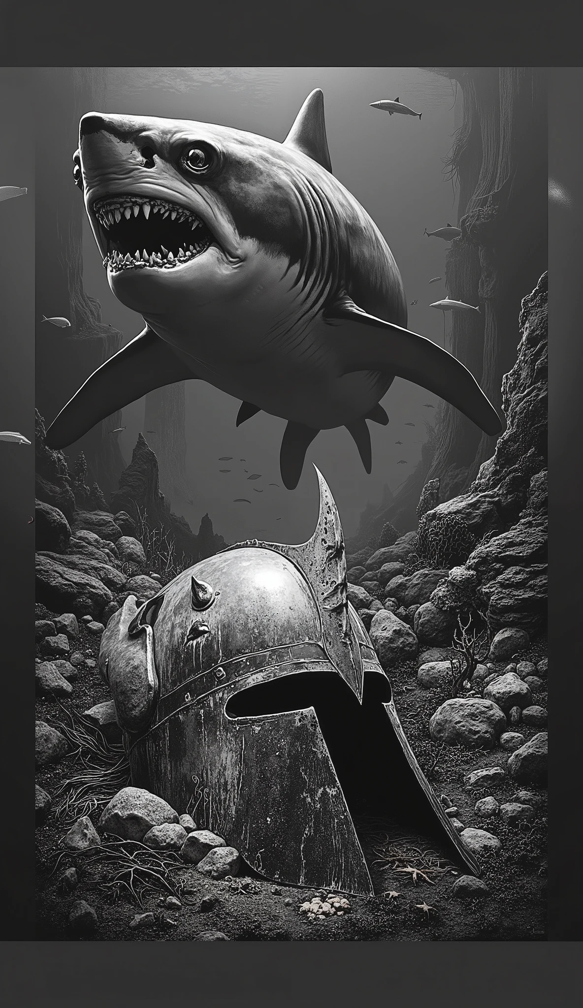 There is a shark and a Nordic helmet on the seabed, highly detailed dark art, overwhelming depth and detail, dark fantasy mixed with realism, high detail and very sharp, detailed illustration, dark but detailed digital art, very sharp and detailed image, Gustave Dore style, detailed and precise, detailed cover art, extremely detailed and precise, highly detailed 4k art, [[Seabed, dark black and white art, dark art, high contrast in black and white, above the image there is a shark, below there is a Nordic helmet worn by time, the ground has rocks, starfish, seaweed and small rocks, other sharks in the background, fish in the background. Detailed image]]