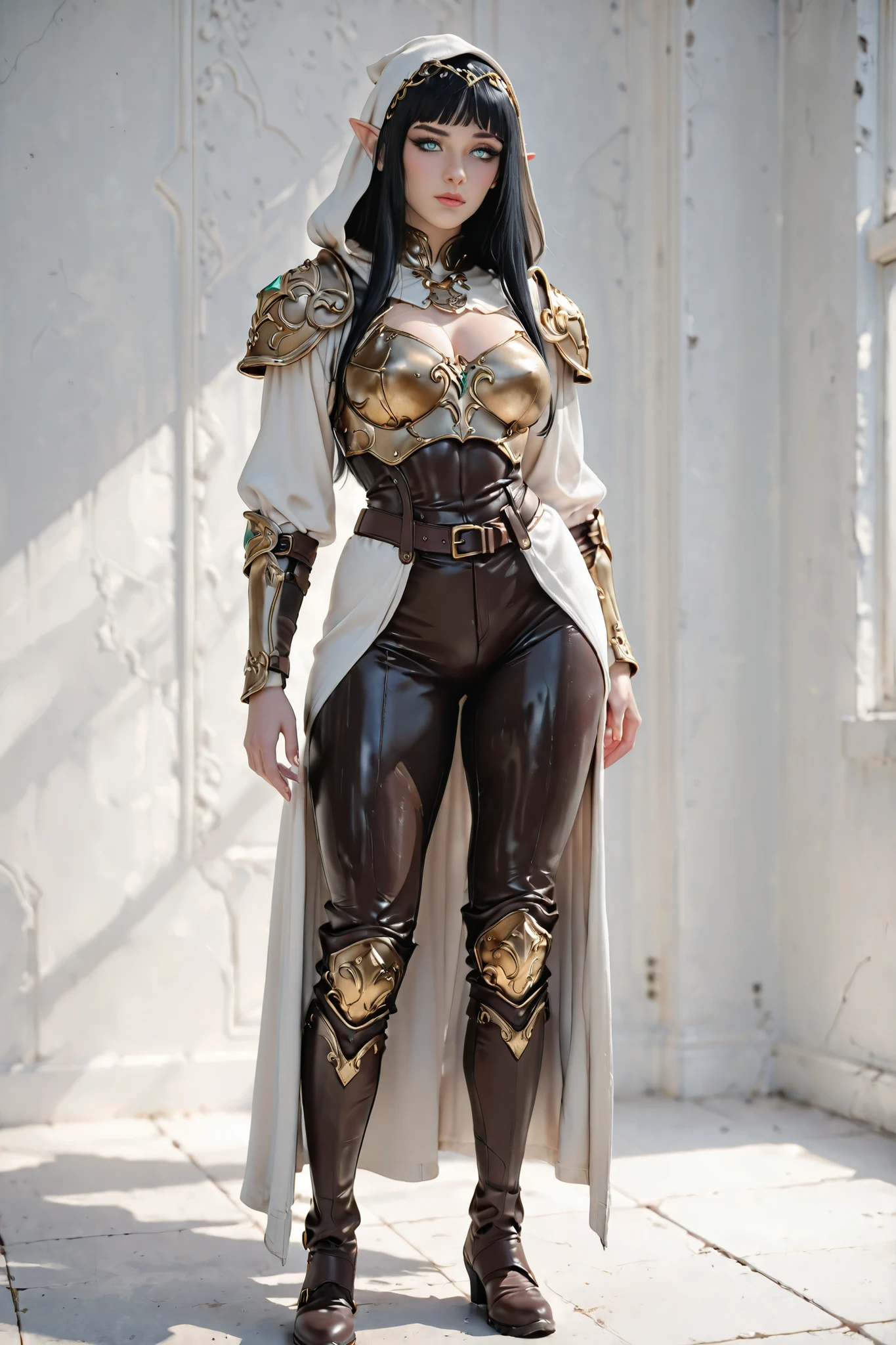 masterpiece, ultra highres, best quality 1 girl, elf, mature female, curvy figure, venus body type, thick thighs, wide hips, large breasts, toned calves, perfect feminine proportions, deep clivage, pale skin, black bob hair with asymmetrical blunt bangs, long eloborated side braideds, light blue eyes, pointy long ears, doe eyes, long black coloured eyelashes, defined eyebrows, thin snobe nose, full lips, kissable lips, elven features, elegant face with cold expression, elven head ornament, golden circlet,wearin a white shirt under a leather armor set,one side iron pauldron, iron chest plate, brown leather pants and boots with fur parts larg black fur coat with hood,A-pose, full body shot, frontal view, standing pose, confident pose dramatic lighting, sharp shadows, glowing highlights, high contrast, rim lighting, 3D render, cel shading, 3d render style, realistic anime art style, soft shading, empty plain white background, studio lighting, professional photography perfect skin, flawless complexion, subtle blush, glossy lips, detailed skin texture, subsurface scattering